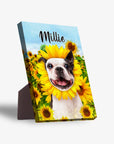 Personalized standing canvas featuring a Boston Terrier in a sunflower field with the name "Millie.