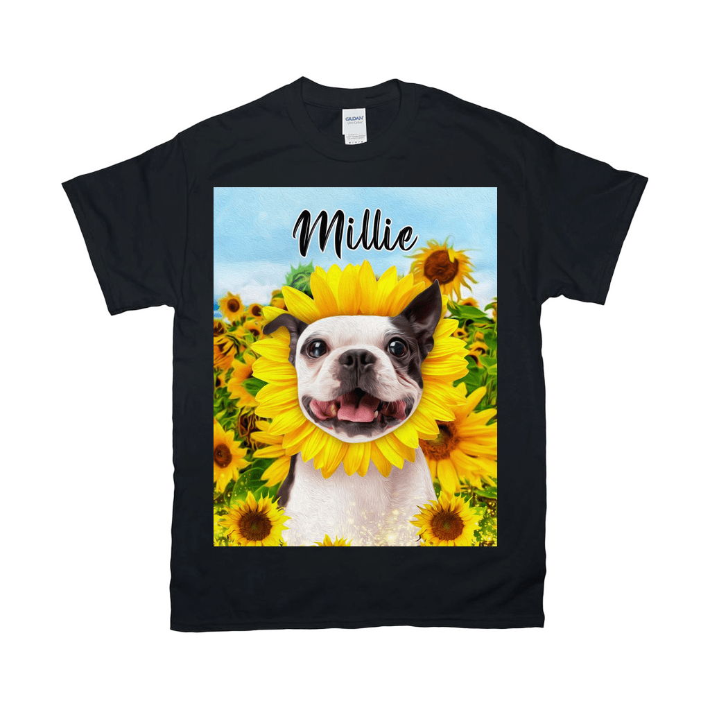 Black Gildan t-shirt with a personalized pet portrait of a Boston Terrier in a sunflower field, named "Millie".