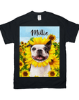 Black Gildan t-shirt with a personalized pet portrait of a Boston Terrier in a sunflower field, named "Millie".