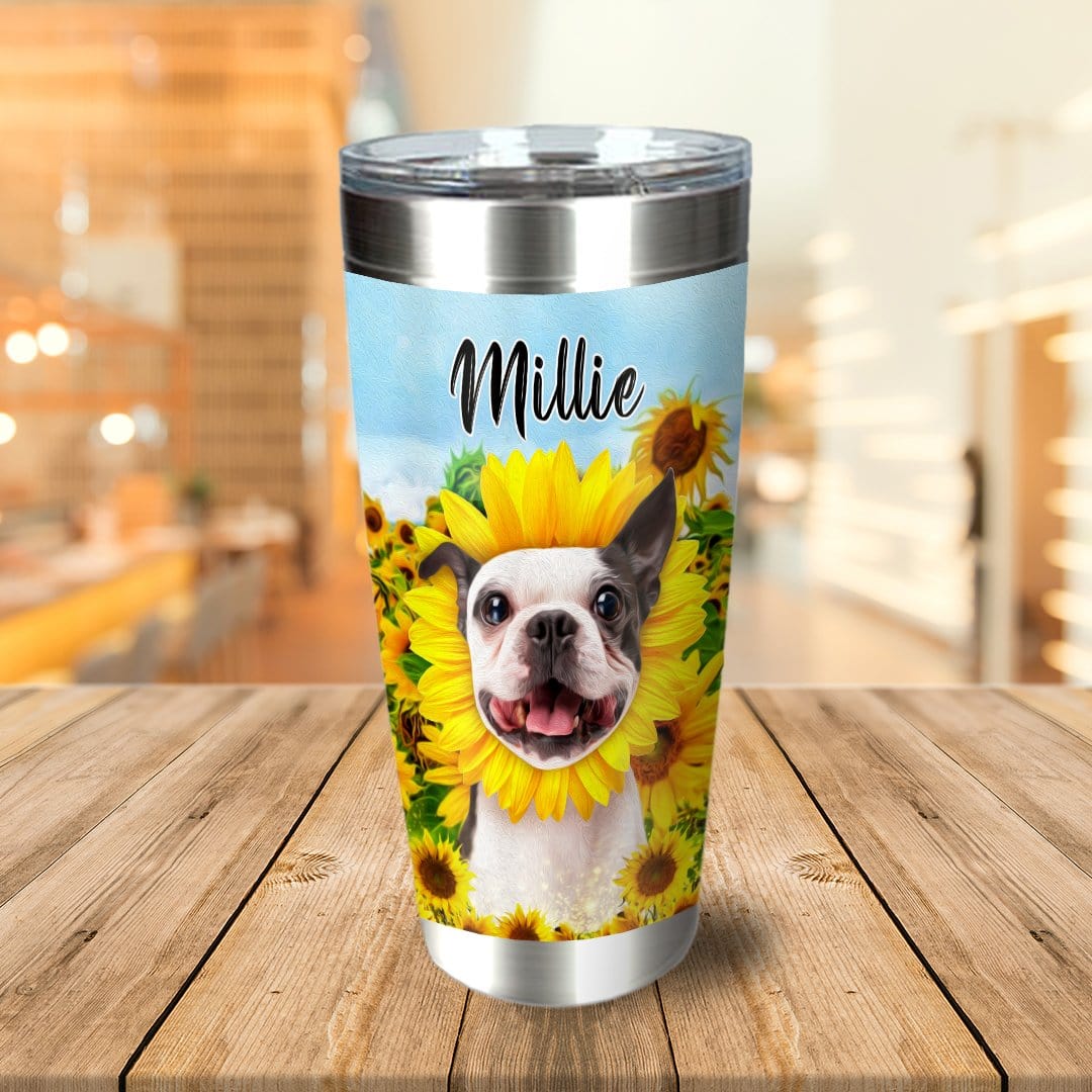 Personalized stainless steel tumbler with a Boston Terrier pet portrait in a sunflower design.