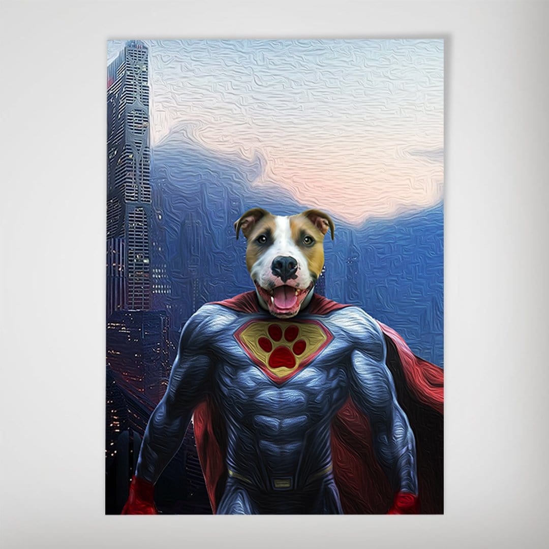Personalized Super Dog poster featuring a brown and white dog's head on a superhero body with a red cape, against a city skyline.