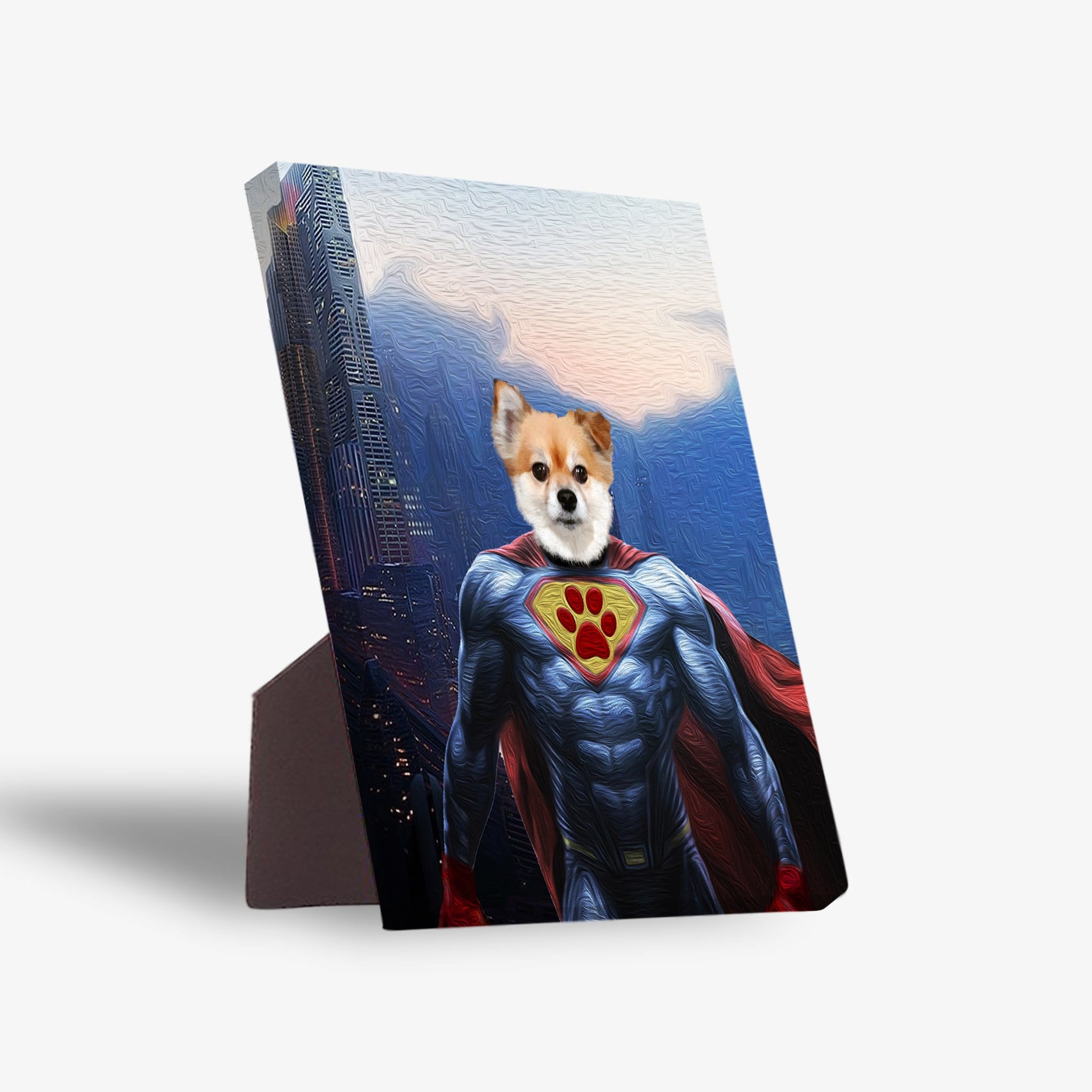 Personalized pet standing canvas featuring a dog in a blue and red Super Dog costume with a city background.