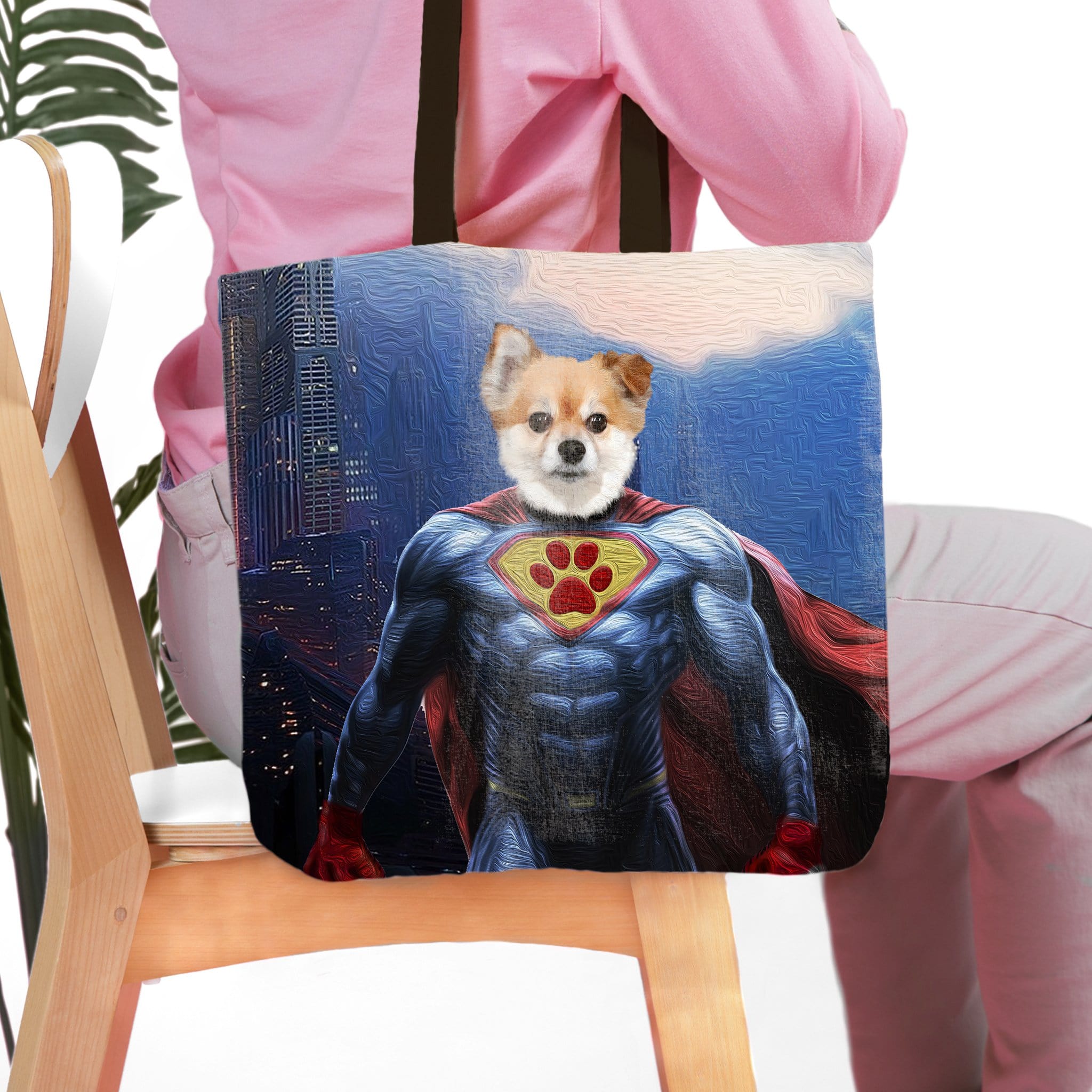 Personalized "Super Dog" pet portrait tote bag with a dog in a superhero costume against a city skyline.