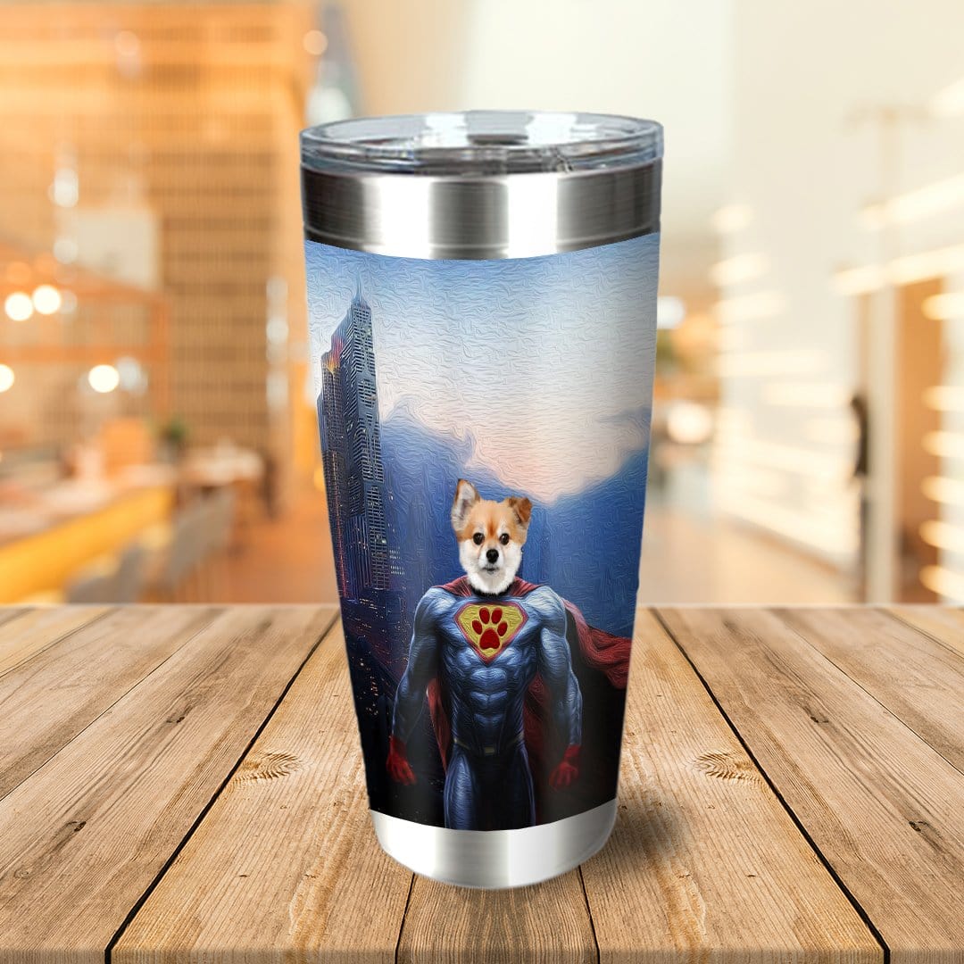 Personalized stainless steel tumbler with a custom superhero dog portrait and city background.