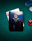 Personalized 'Superdog' playing card featuring a small dog in a superhero costume, on a green felt table with poker chips and dice.