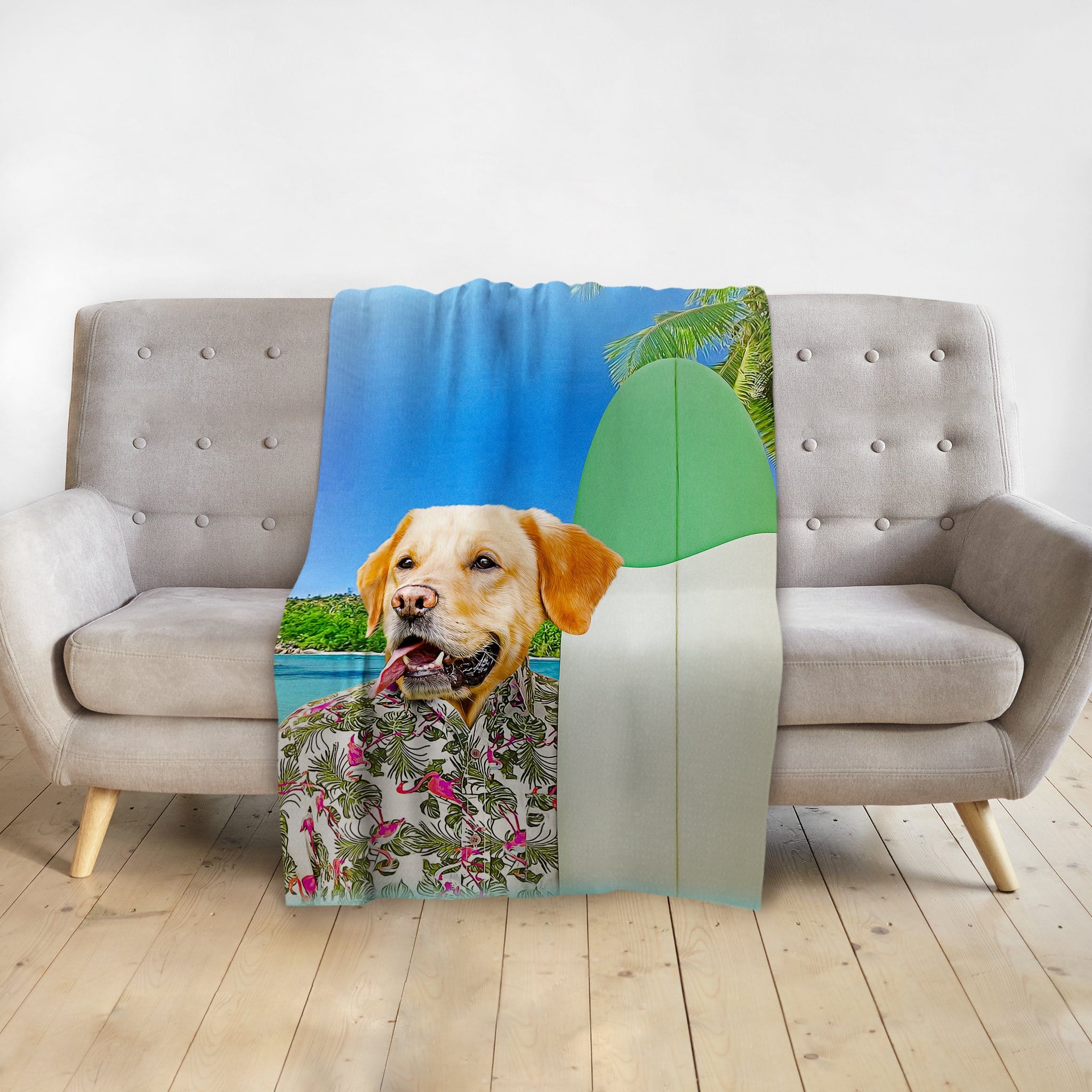 Personalized pet blanket with a golden retriever in a Hawaiian shirt and surfboard design.