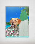 Personalized Surfer Pet Poster: Golden Retriever in a flamingo shirt with a surfboard on a tropical beach.