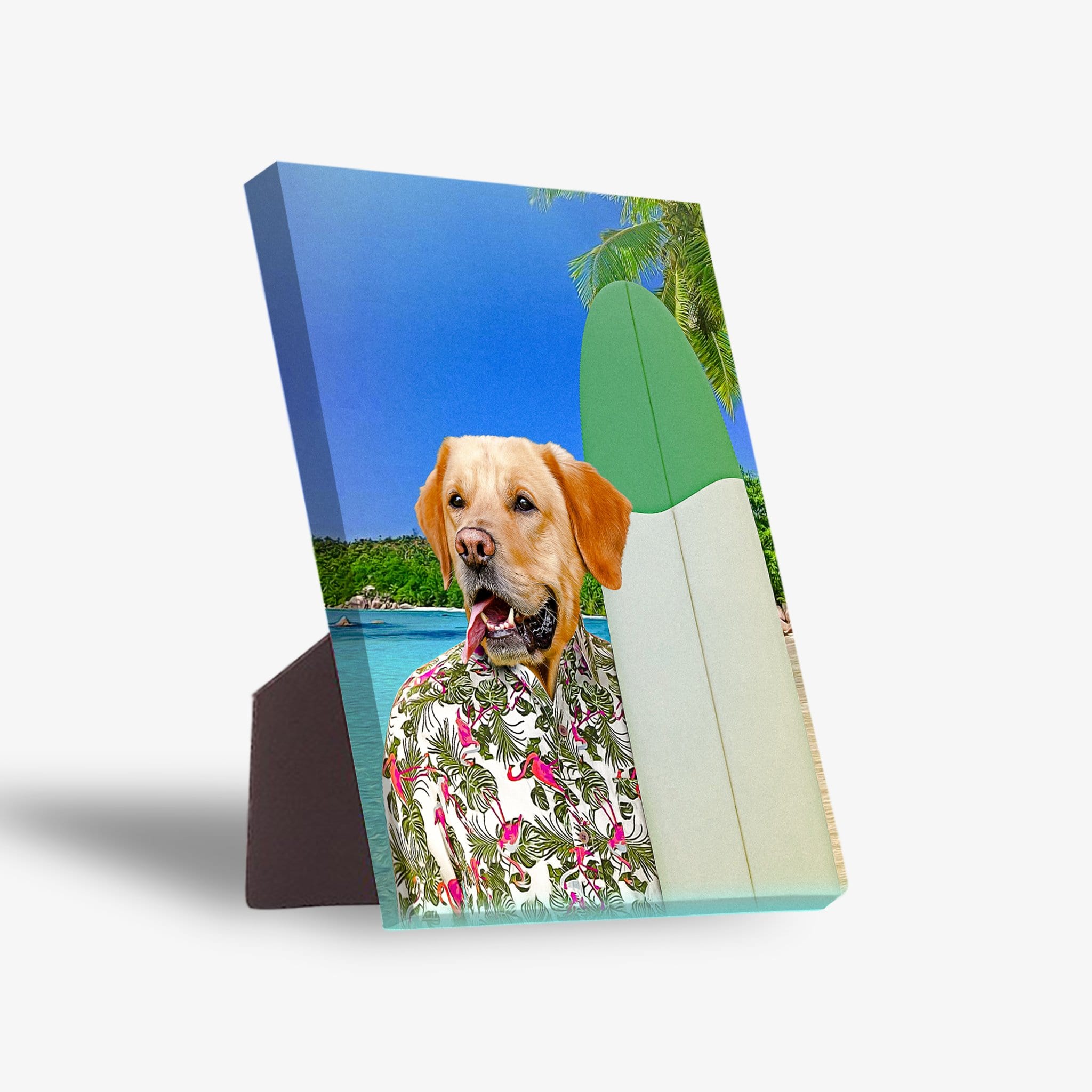 Personalized pet standing canvas featuring a golden retriever in a Hawaiian shirt with a surfboard on a beach.