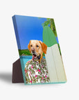 Personalized pet standing canvas featuring a golden retriever in a Hawaiian shirt with a surfboard on a beach.
