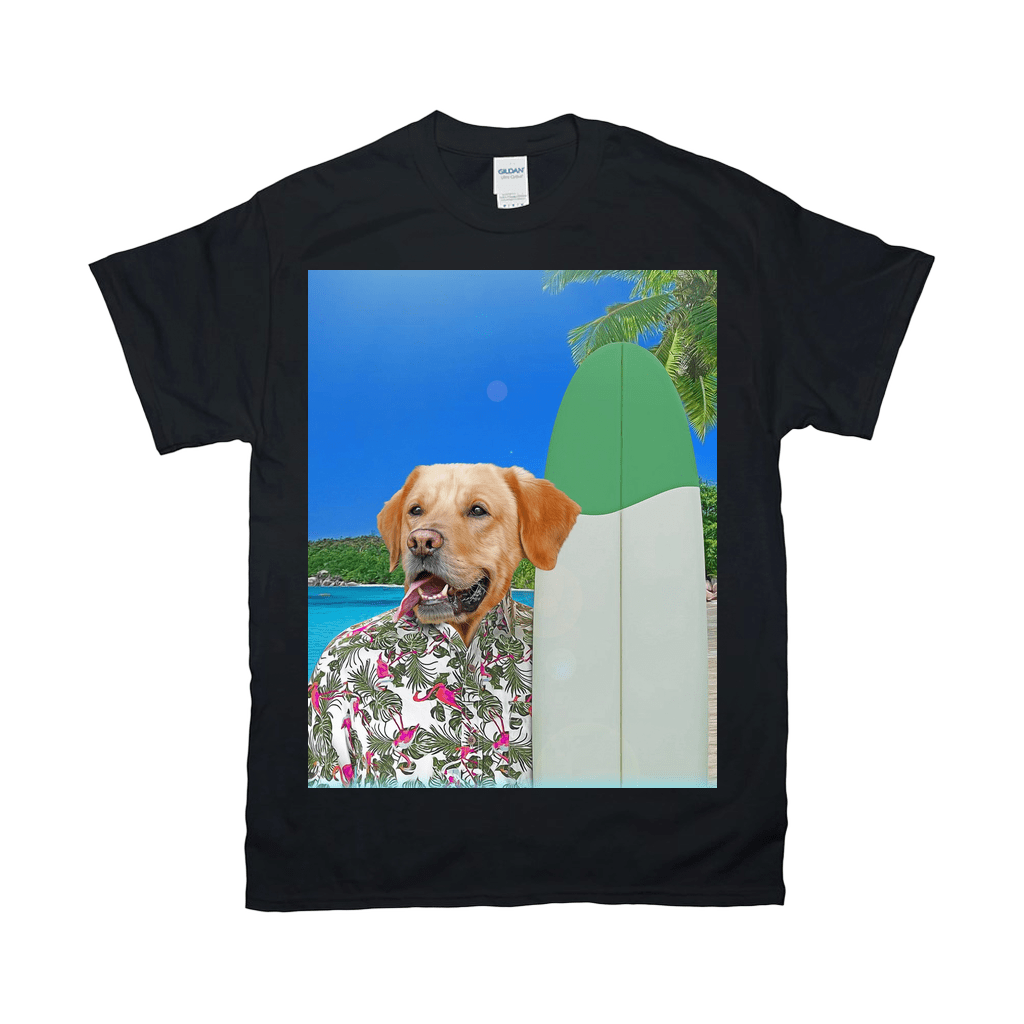 Black Gildan t-shirt featuring a golden retriever in a Hawaiian shirt with a surfboard on a beach.