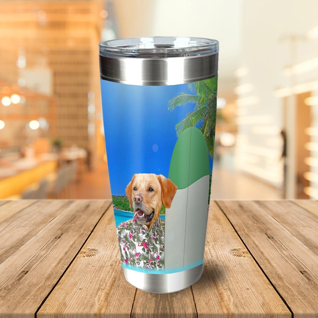 Personalized stainless steel tumbler with a golden retriever dog in a Hawaiian shirt, surfing.