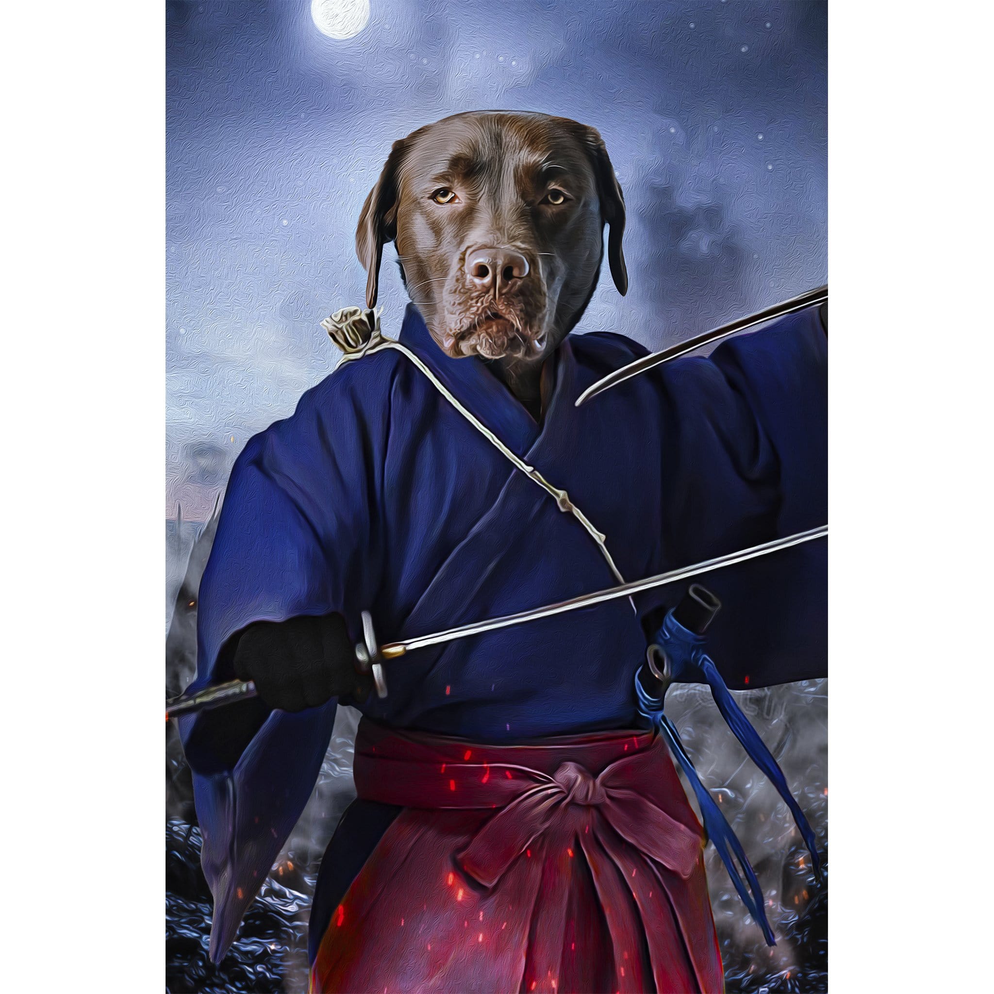Custom digital portrait of a chocolate lab dog as a samurai swordsman in a blue kimono.