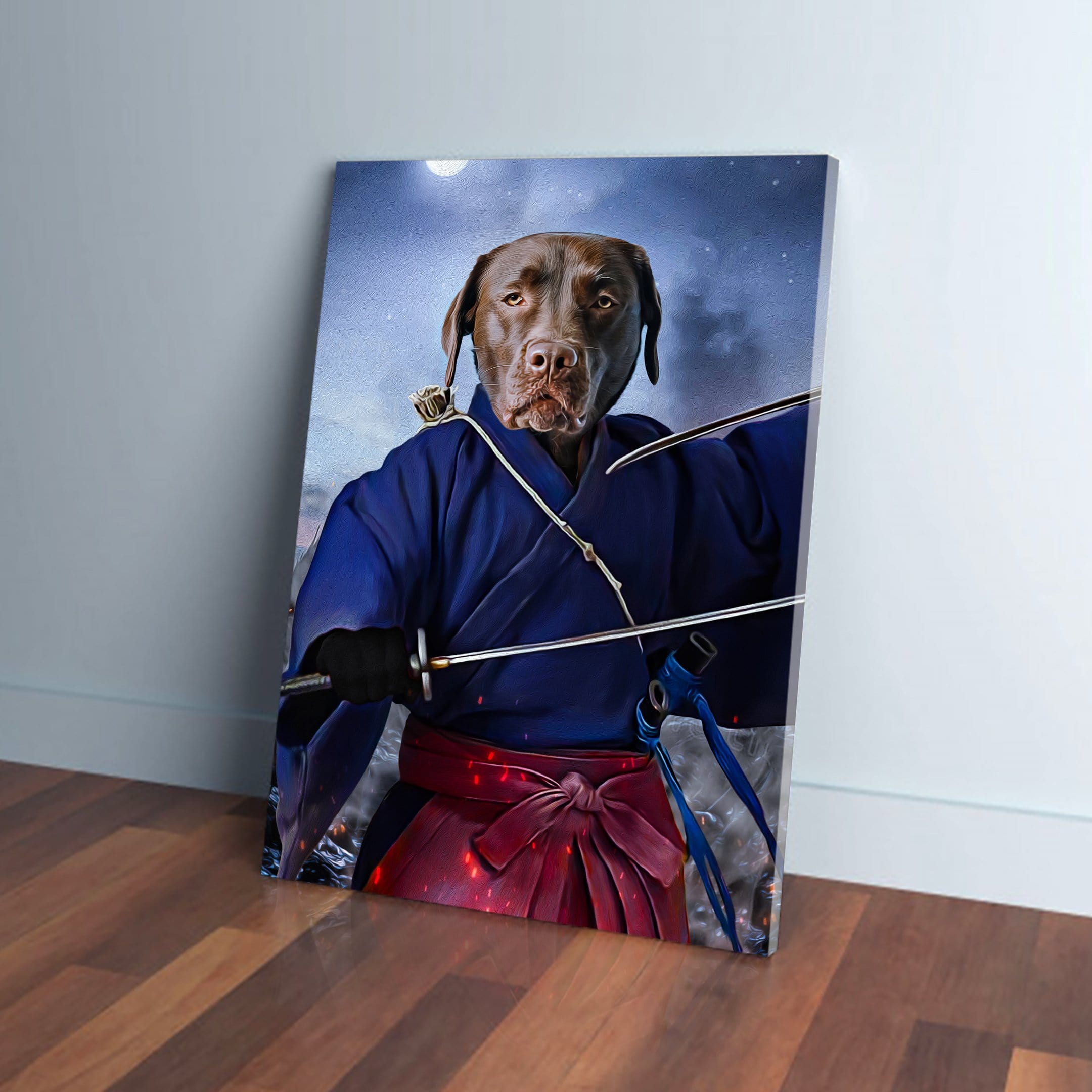 Custom pet canvas featuring a chocolate lab as a swordsman in a blue kimono and red hakama.