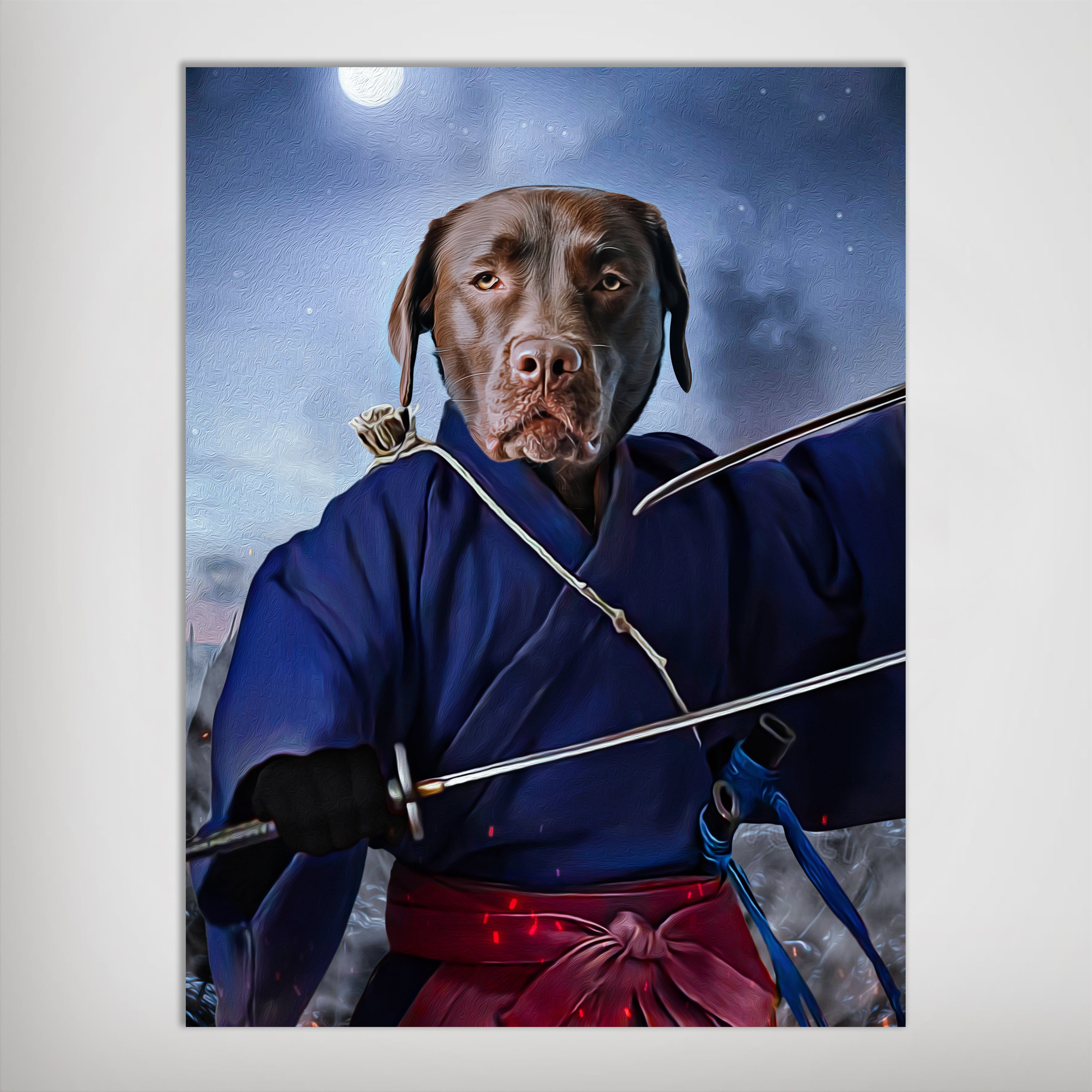 Custom 'The Swordsman' pet portrait poster featuring a chocolate lab in a blue samurai robe.