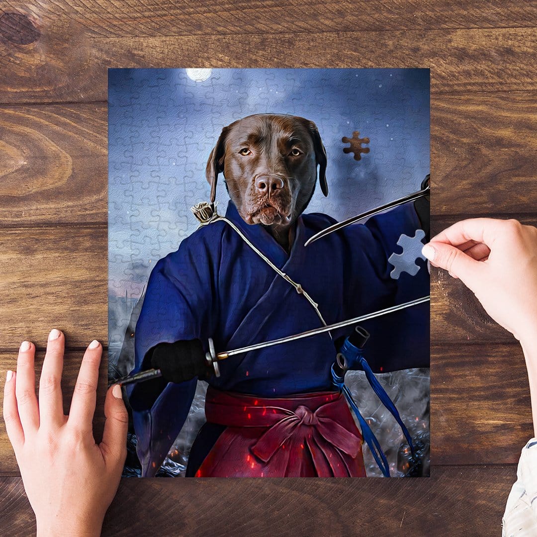 Personalized chocolate lab pet puzzle in a samurai swordsman portrait style.