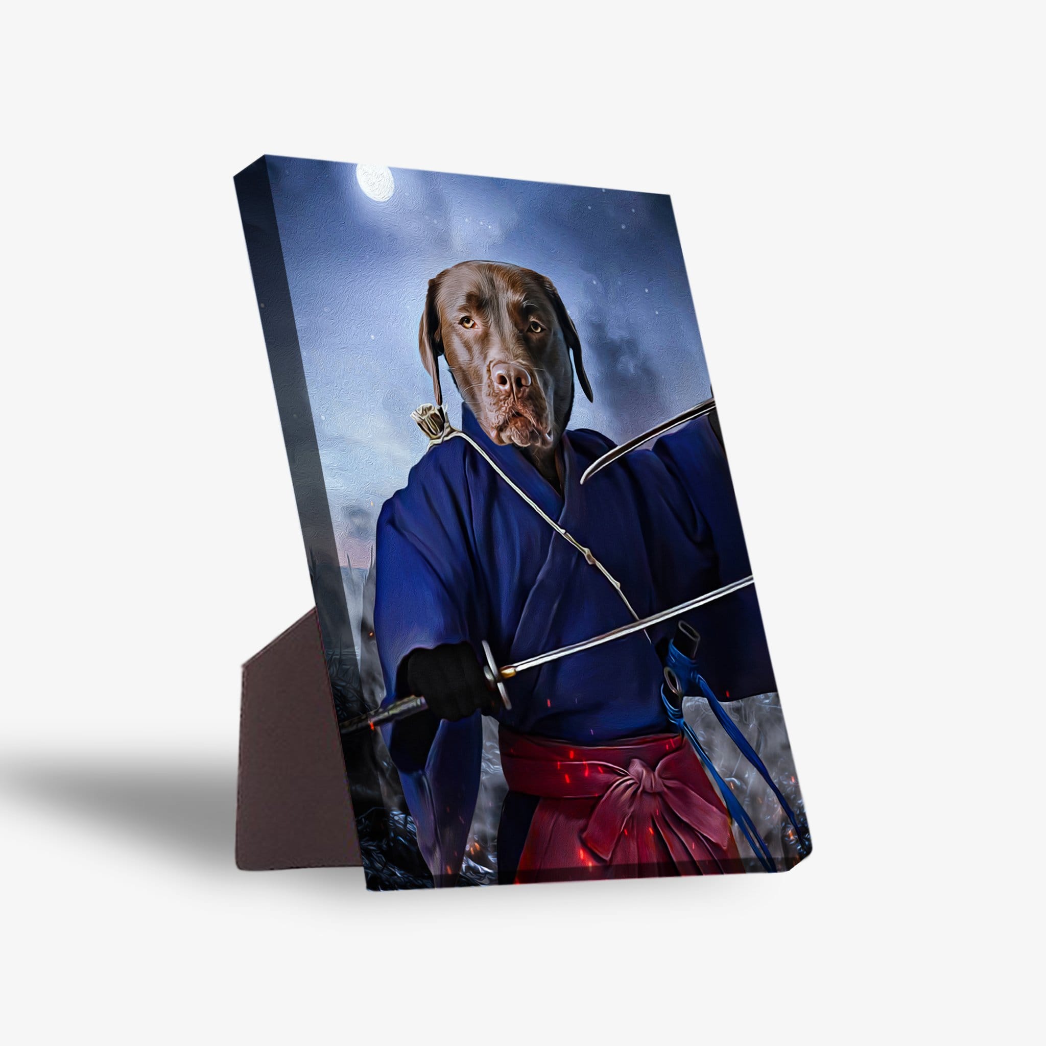 Chocolate lab pet portrait on a standing canvas, dressed as a samurai with two swords under a moonlit sky.