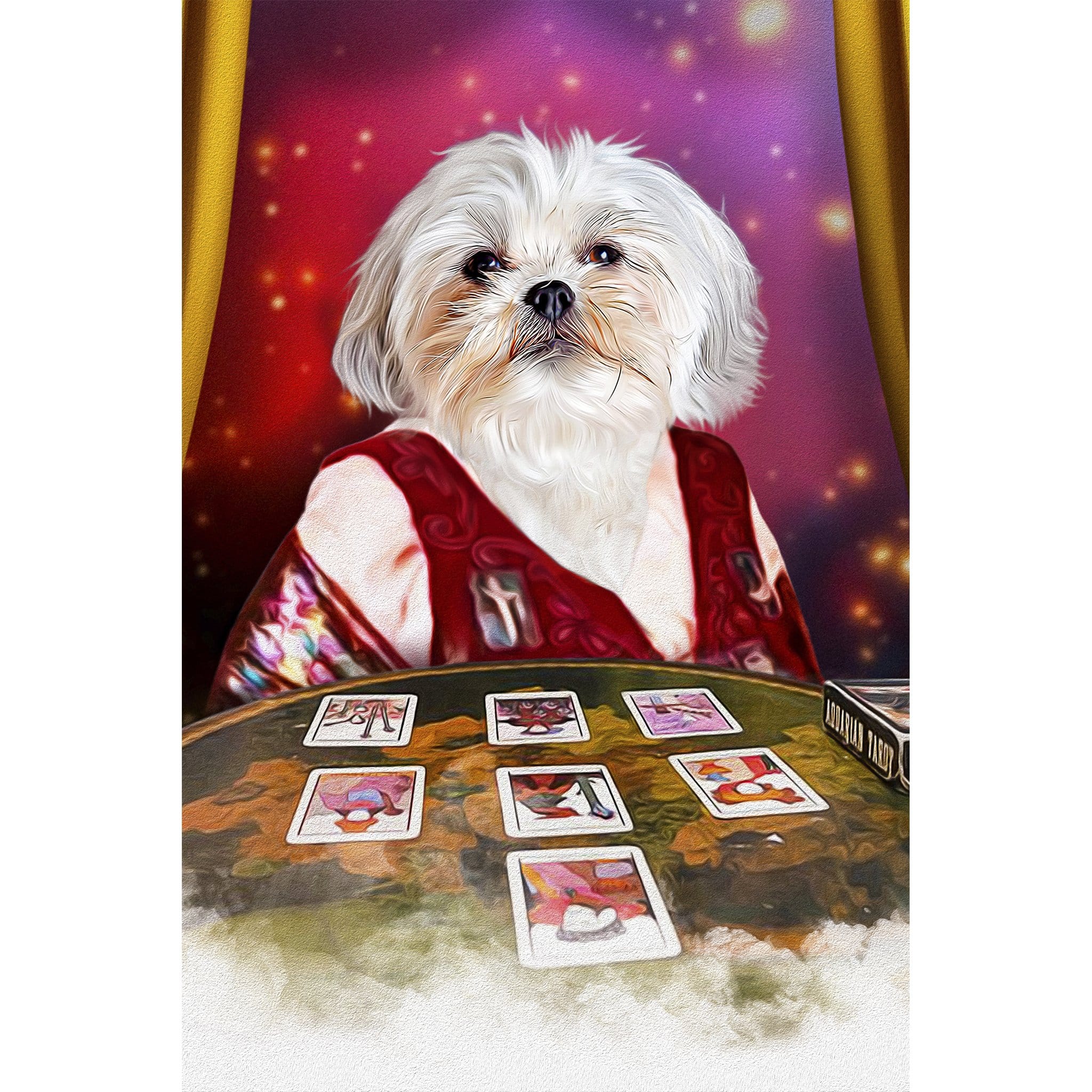 Personalized digital portrait of a Shih Tzu dog as a tarot reader, with cards on a table.