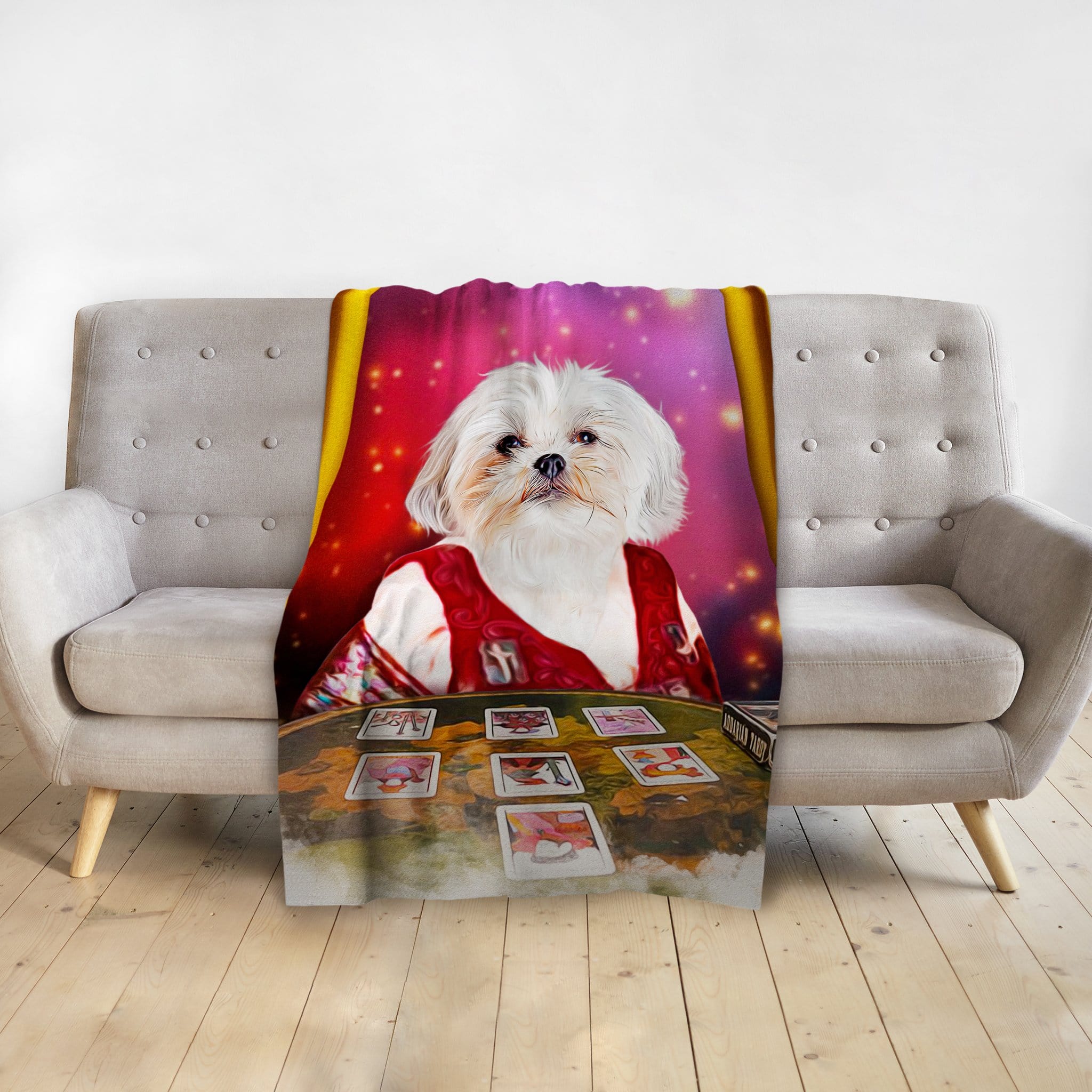 Personalized Shih Tzu pet blanket in 'The Tarot Reader' renaissance style.