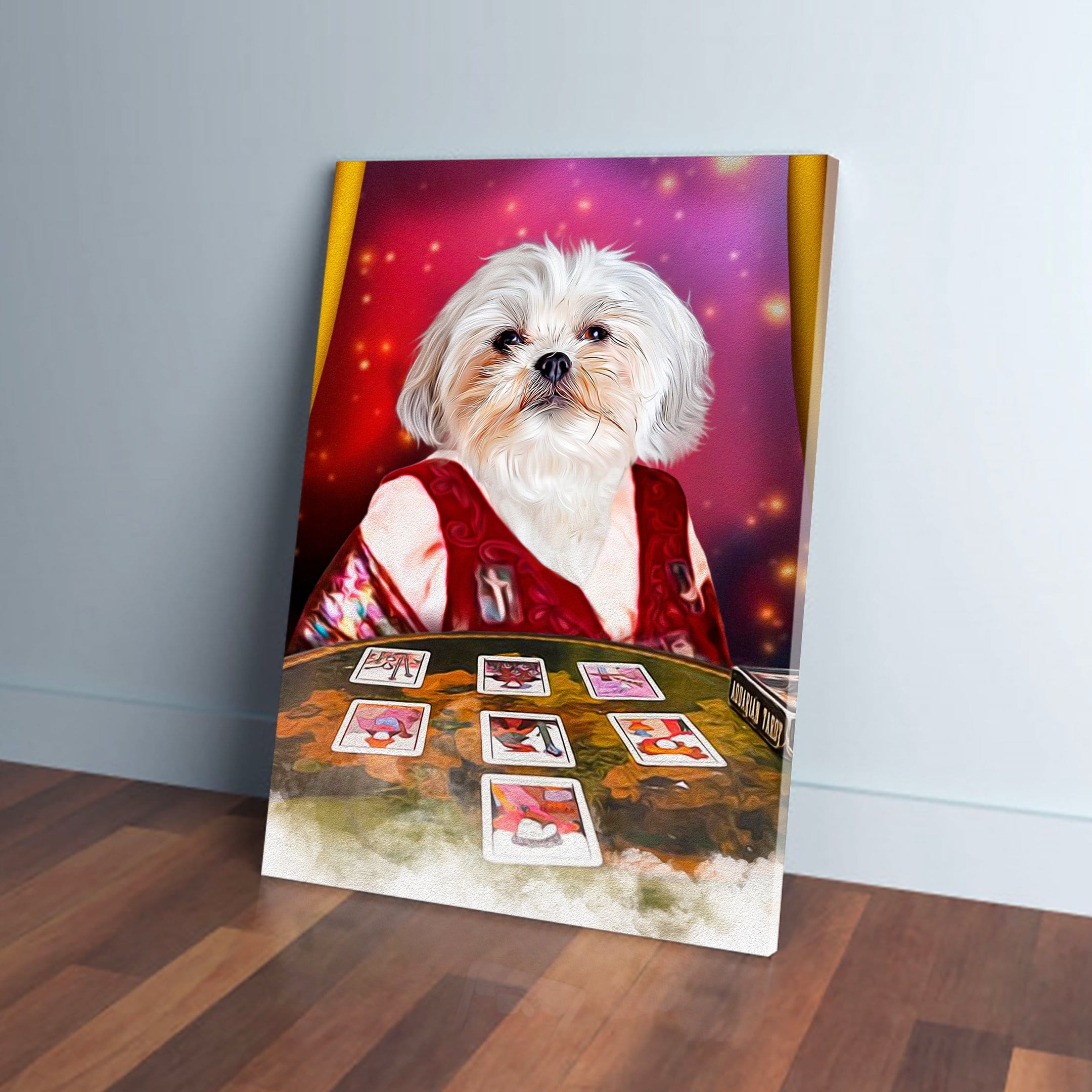 Personalized Shih Tzu pet canvas portrait as a tarot reader, wearing a red robe, with cards on a green table.