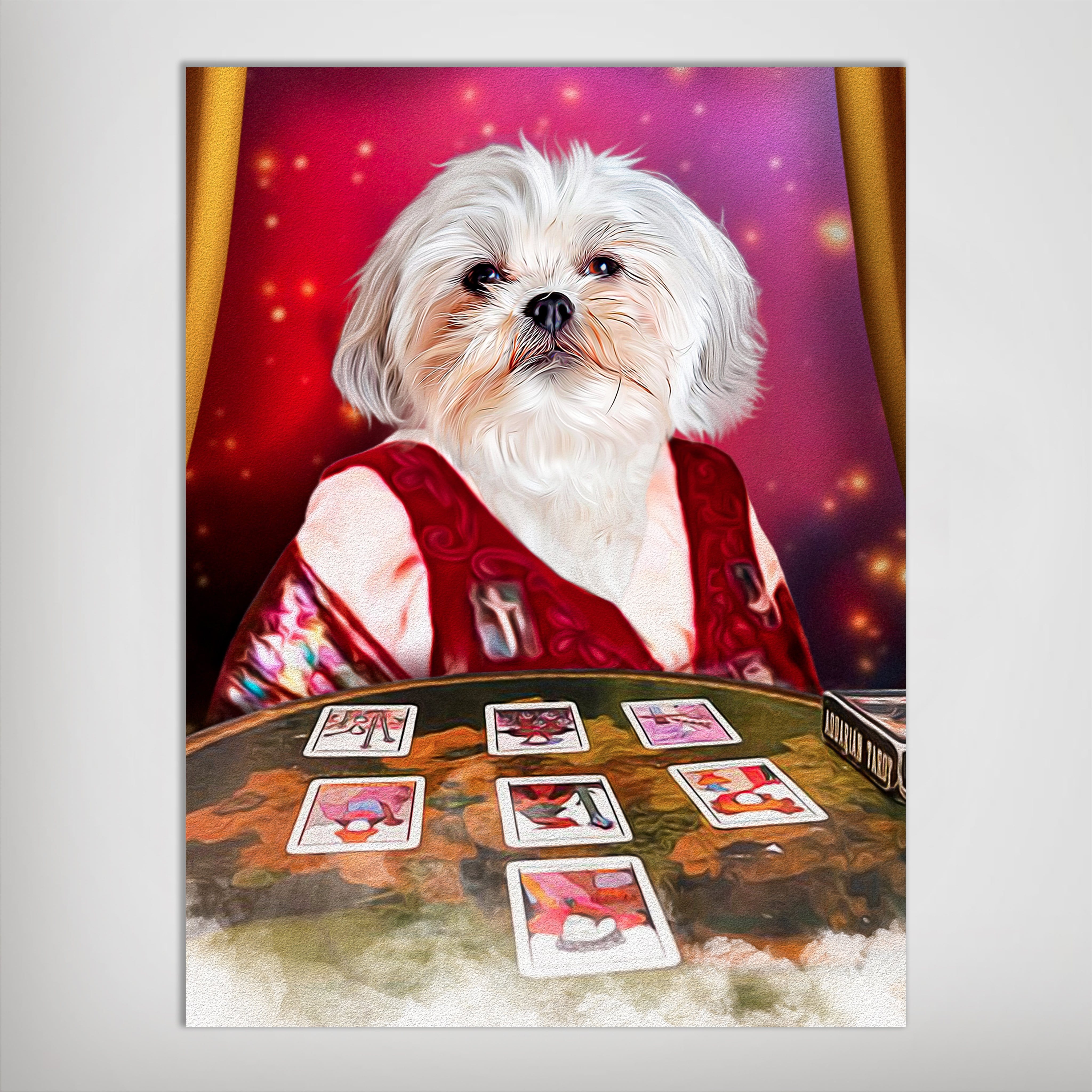 Personalized pet poster featuring a white Shih Tzu dog as a tarot reader in a red dress.
