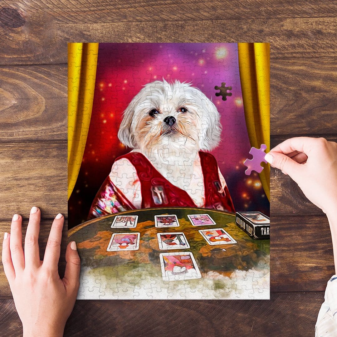Personalized pet puzzle featuring a Shih Tzu dog as a tarot reader in a vibrant, artistic style.
