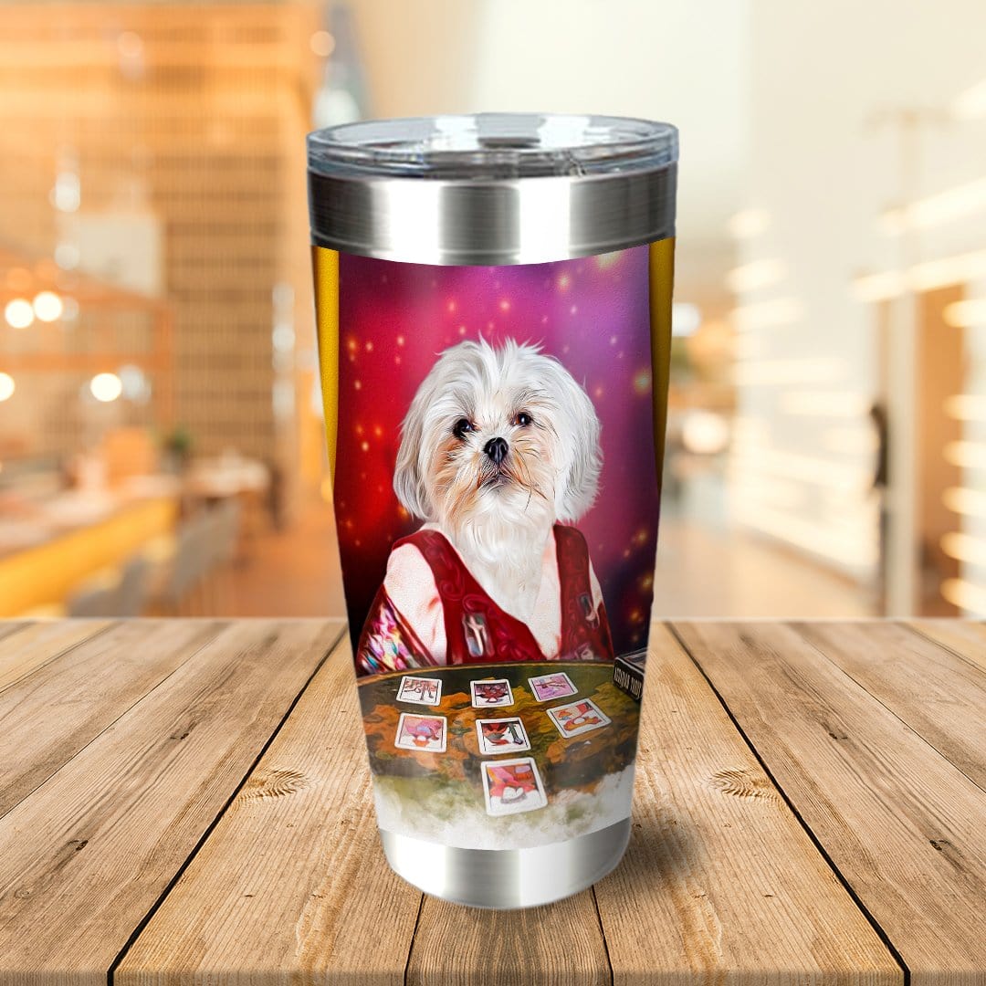 Personalized stainless steel tumbler with a custom pet portrait of a Shih Tzu dog as a tarot reader.