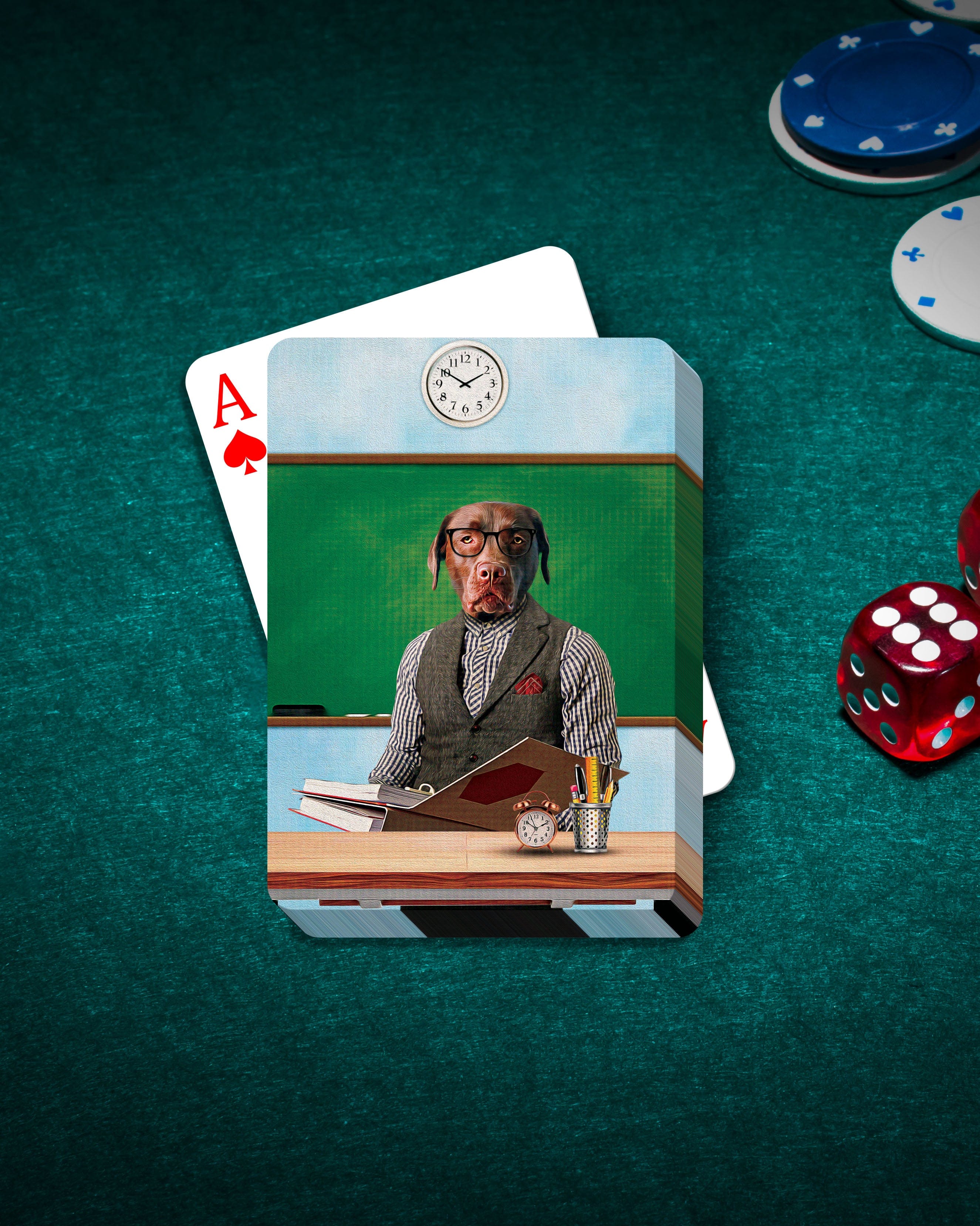 Custom personalized playing cards featuring a dog pet portrait as a teacher, on a green felt table with poker chips and dice.