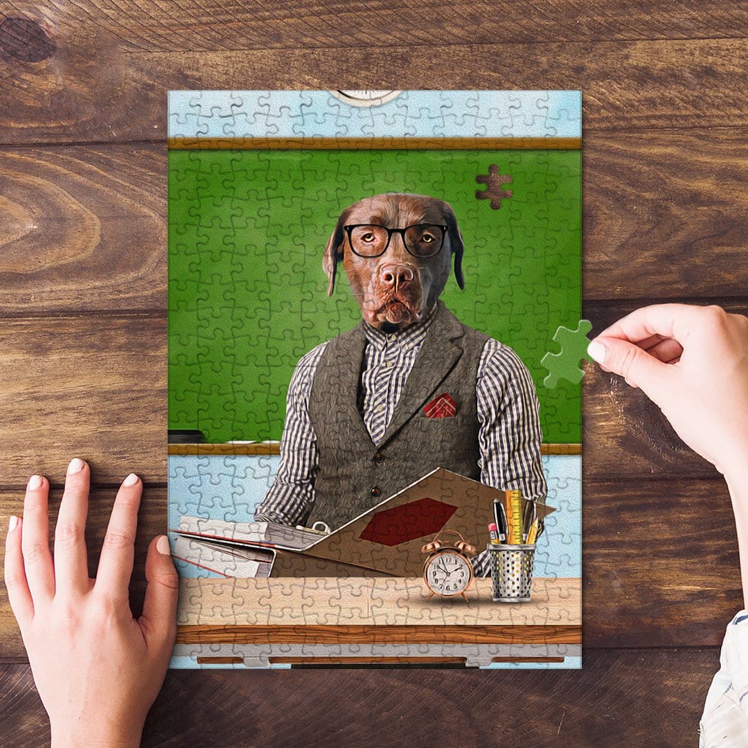 Personalized pet puzzle featuring a dog in a teacher's outfit against a green chalkboard.