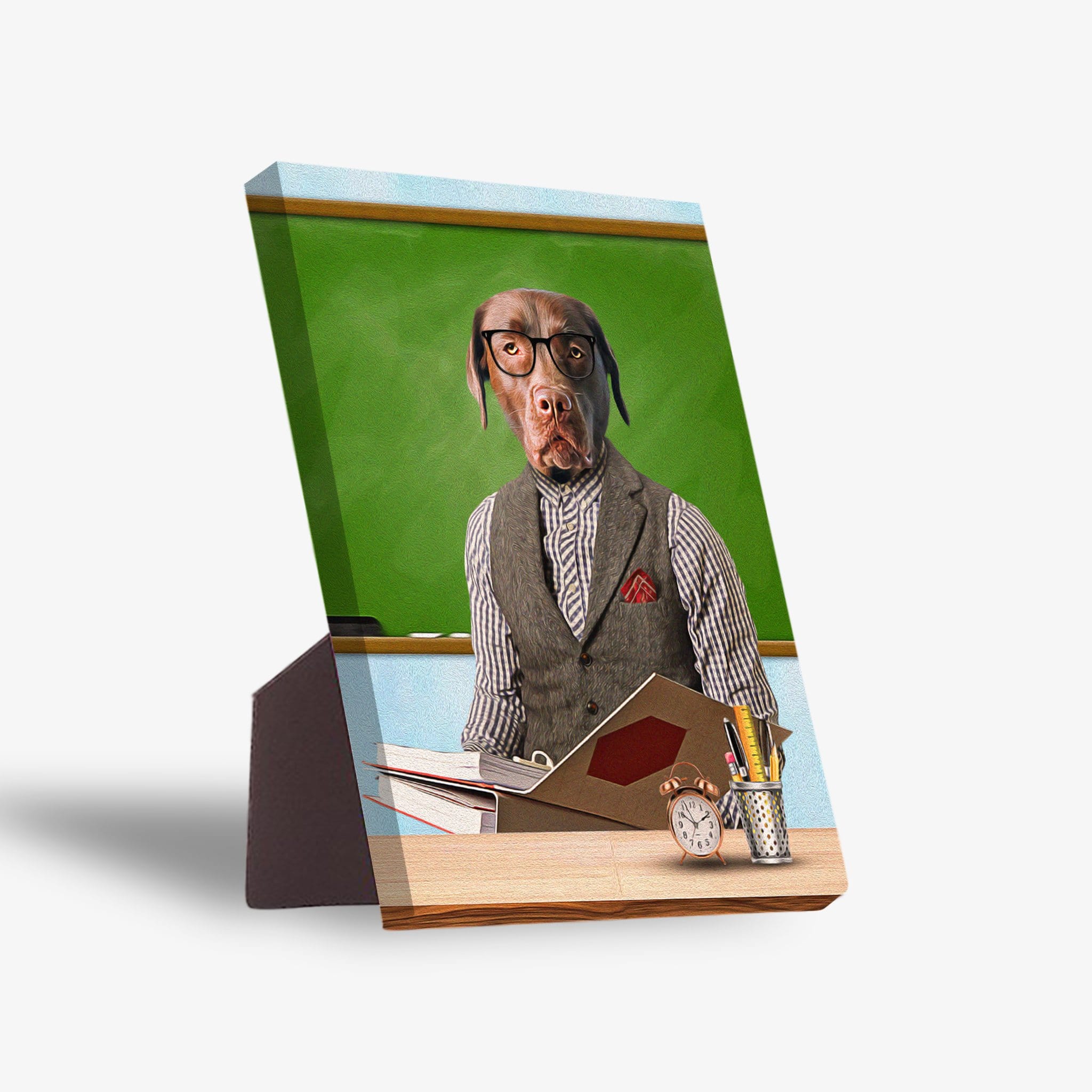 Personalized pet standing canvas featuring a brown dog dressed as a teacher, with a green chalkboard background.