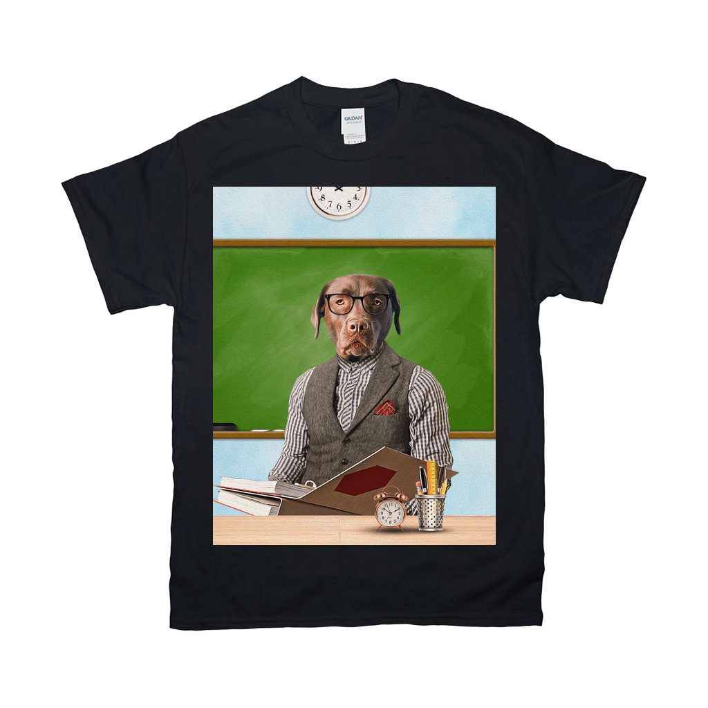 Black Gildan t-shirt with a personalized design of a chocolate lab dog dressed as a teacher in a classroom.