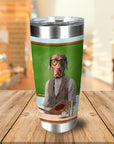 Personalized stainless steel tumbler with a custom dog portrait as "The Teacher" in a classroom setting.