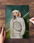 Personalized pet puzzle featuring a golden retriever in a tennis player outfit on a green court.