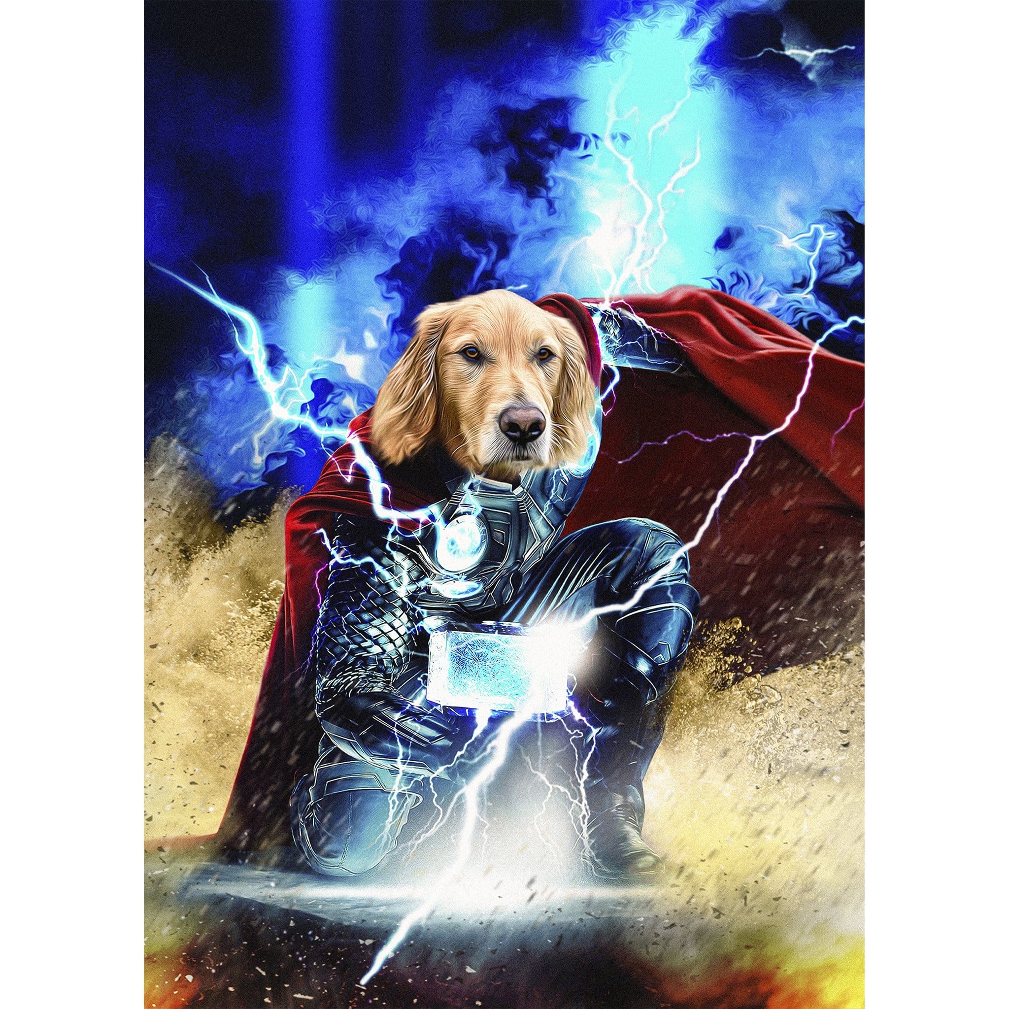Custom Thorpaw digital portrait of a Golden Retriever dog as Thor, with lightning and a red cape.