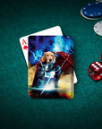 Personalized pet playing card featuring a golden retriever dog as Thor, with lightning effects.