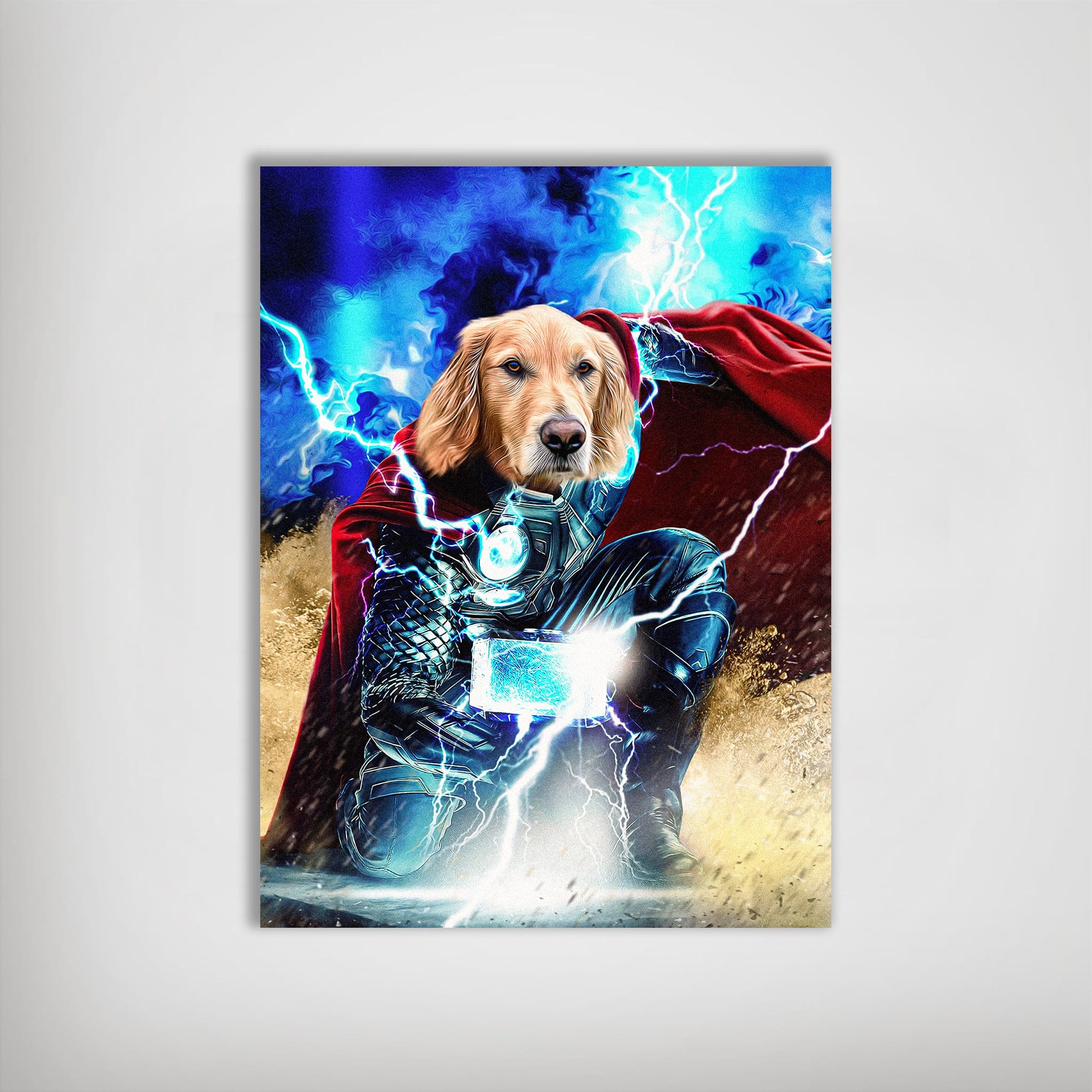 Personalized 'Thorpaw' pet poster featuring a Golden Retriever as Thor, with a red cape and lightning.