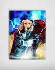Personalized 'Thorpaw' pet poster featuring a Golden Retriever as Thor, with a red cape and lightning.
