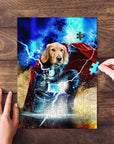 Personalized 'Thorpaw' pet puzzle featuring a golden retriever in a superhero costume with lightning.