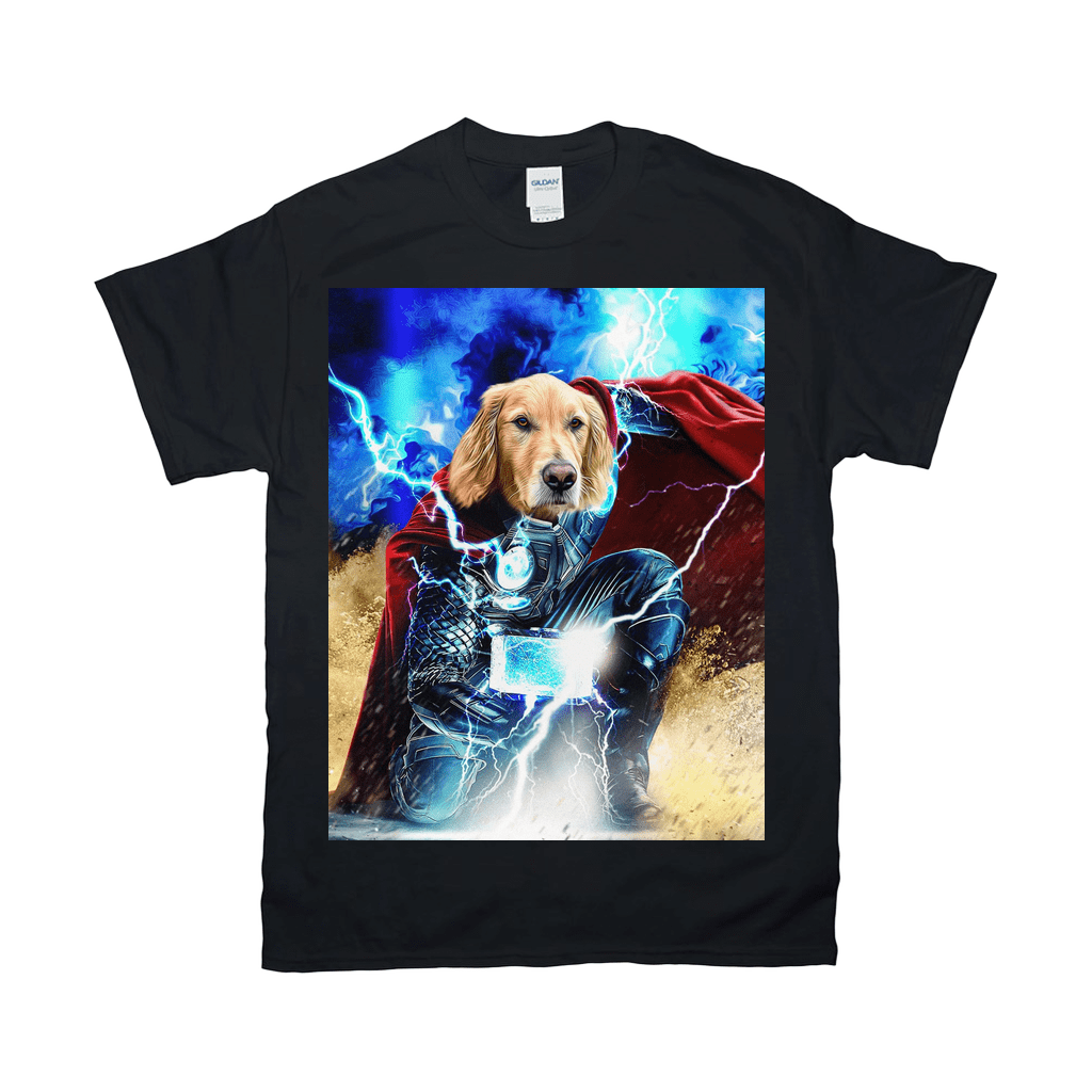Black Gildan t-shirt featuring a golden retriever as Thor, holding a hammer with lightning.