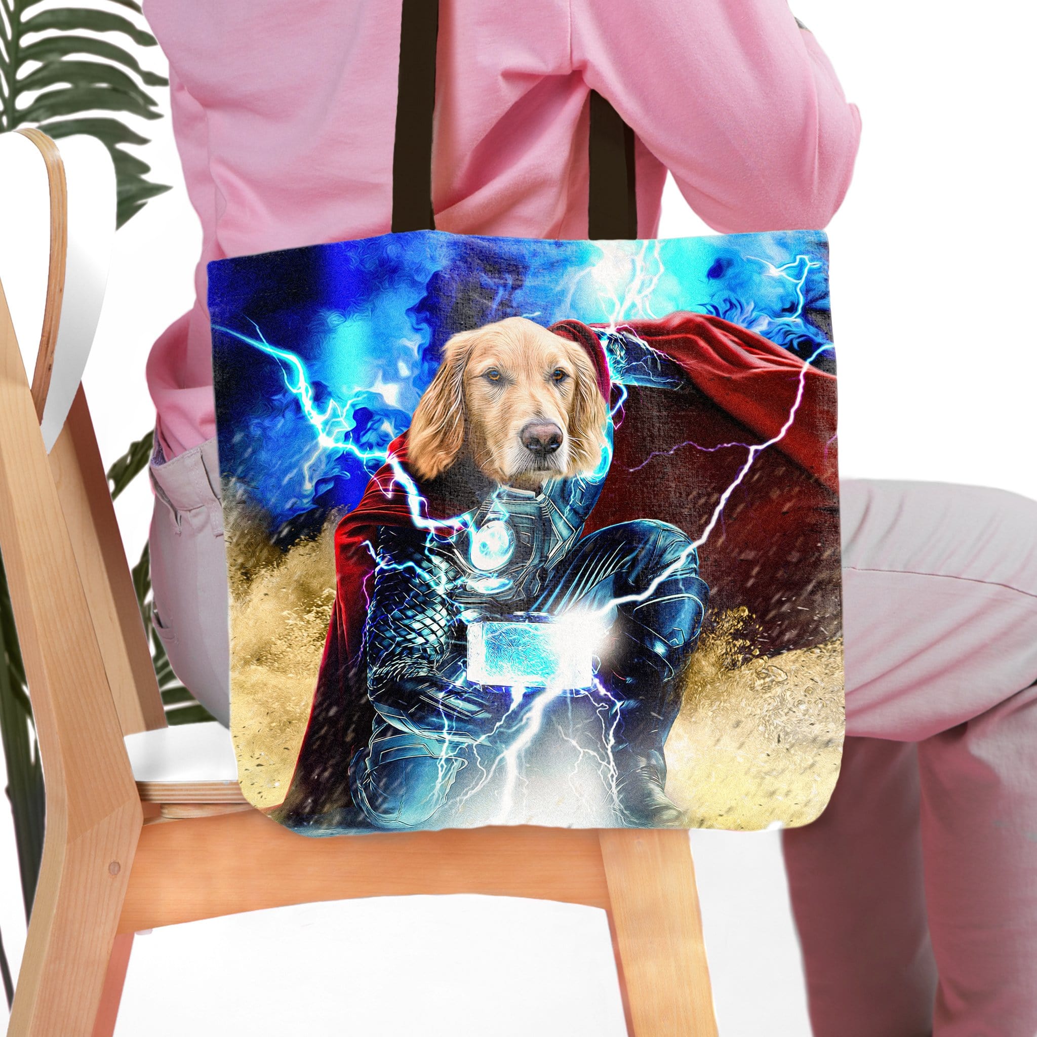 Personalized Thorpaw tote bag featuring a Golden Retriever dog portrait as a superhero with lightning.