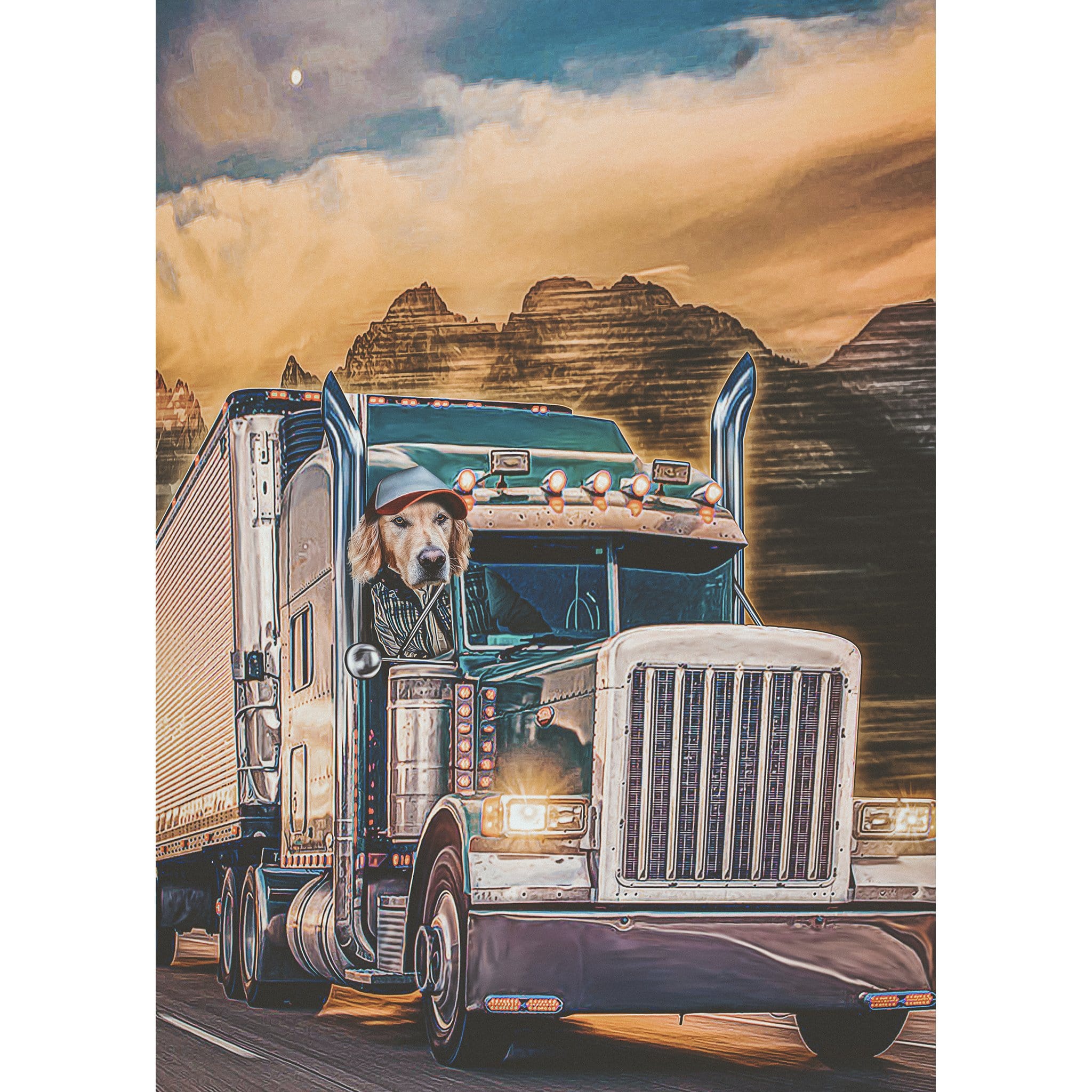 Custom digital portrait of a golden retriever dog driving a semi-truck, "The Trucker" style.