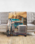 Personalized pet blanket featuring a golden retriever dog in a custom trucker portrait design.
