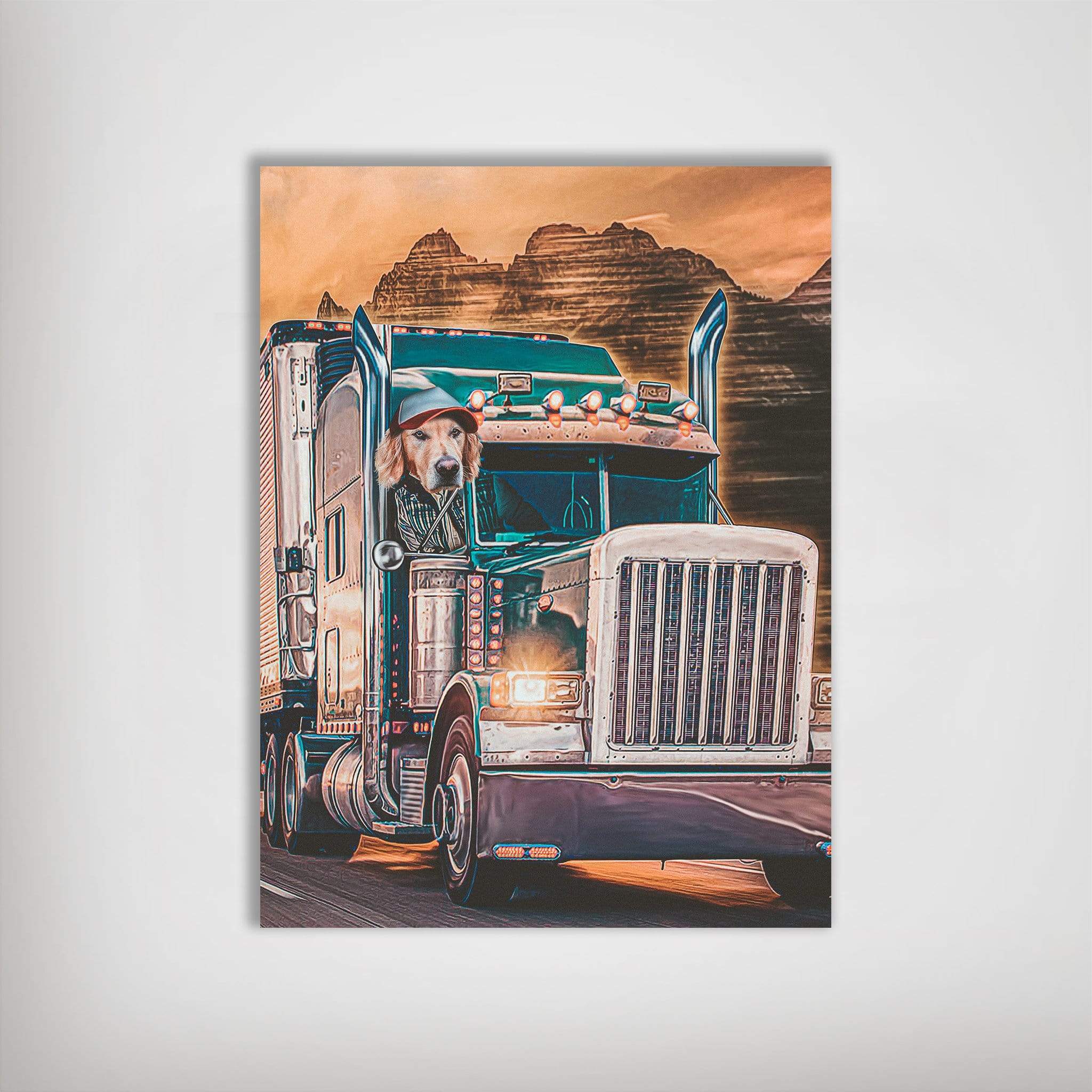 Personalized pet poster featuring a golden retriever in a trucker hat driving a semi-truck with mountains.