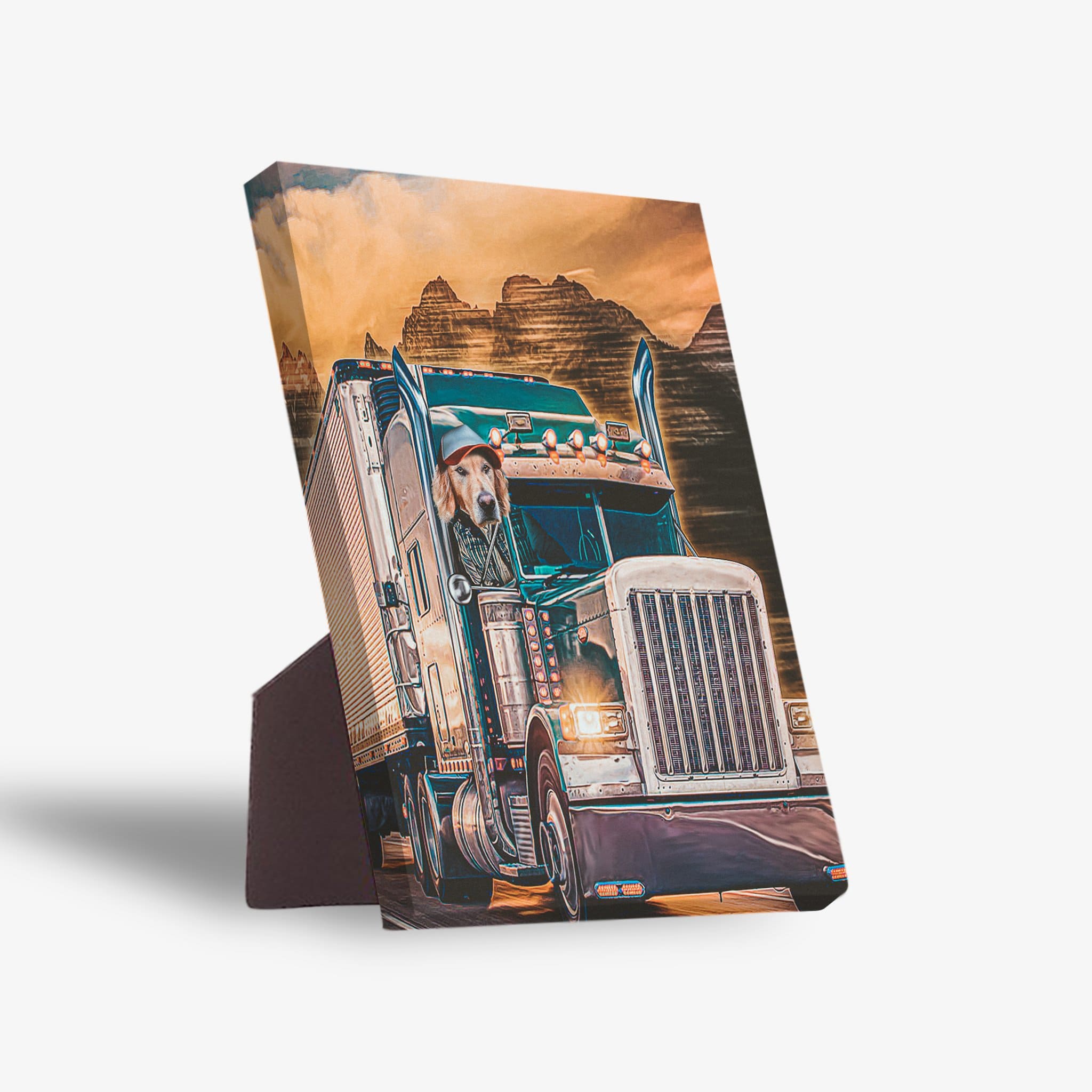 Personalized pet standing canvas featuring a golden retriever in a blue semi-truck, with mountains in the background.