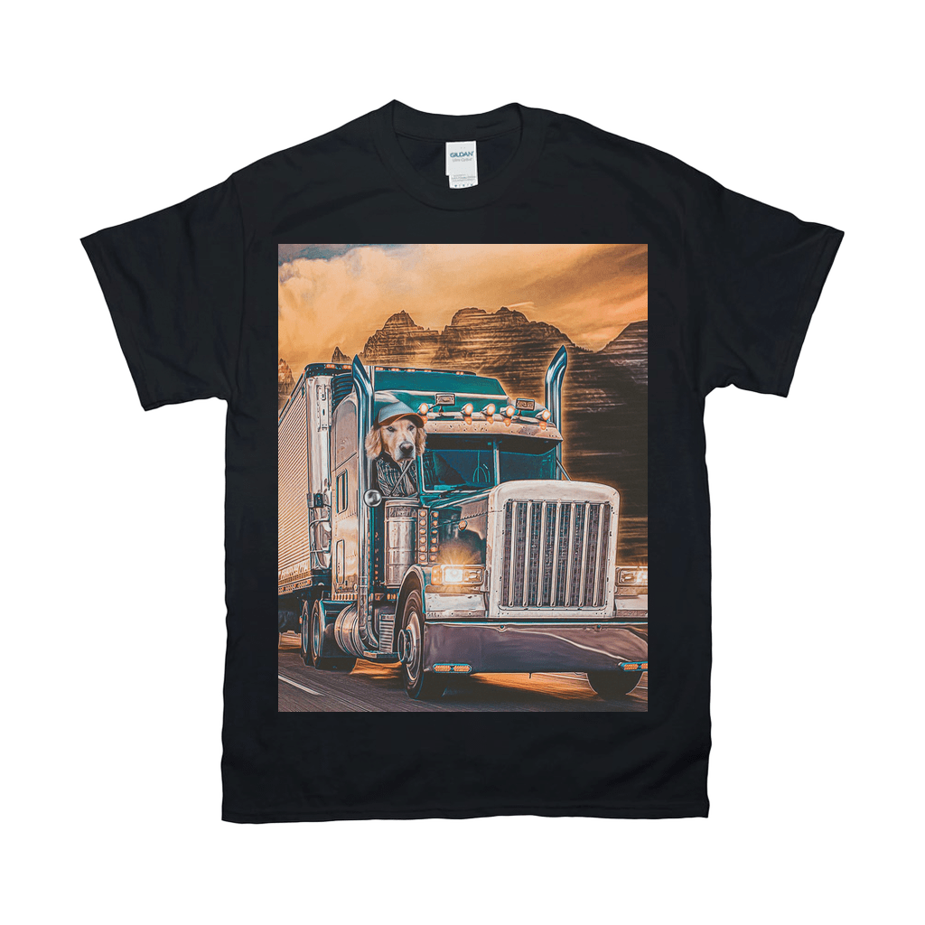 Black Gildan t-shirt with a golden retriever wearing a hat driving a semi-truck on a desert road.