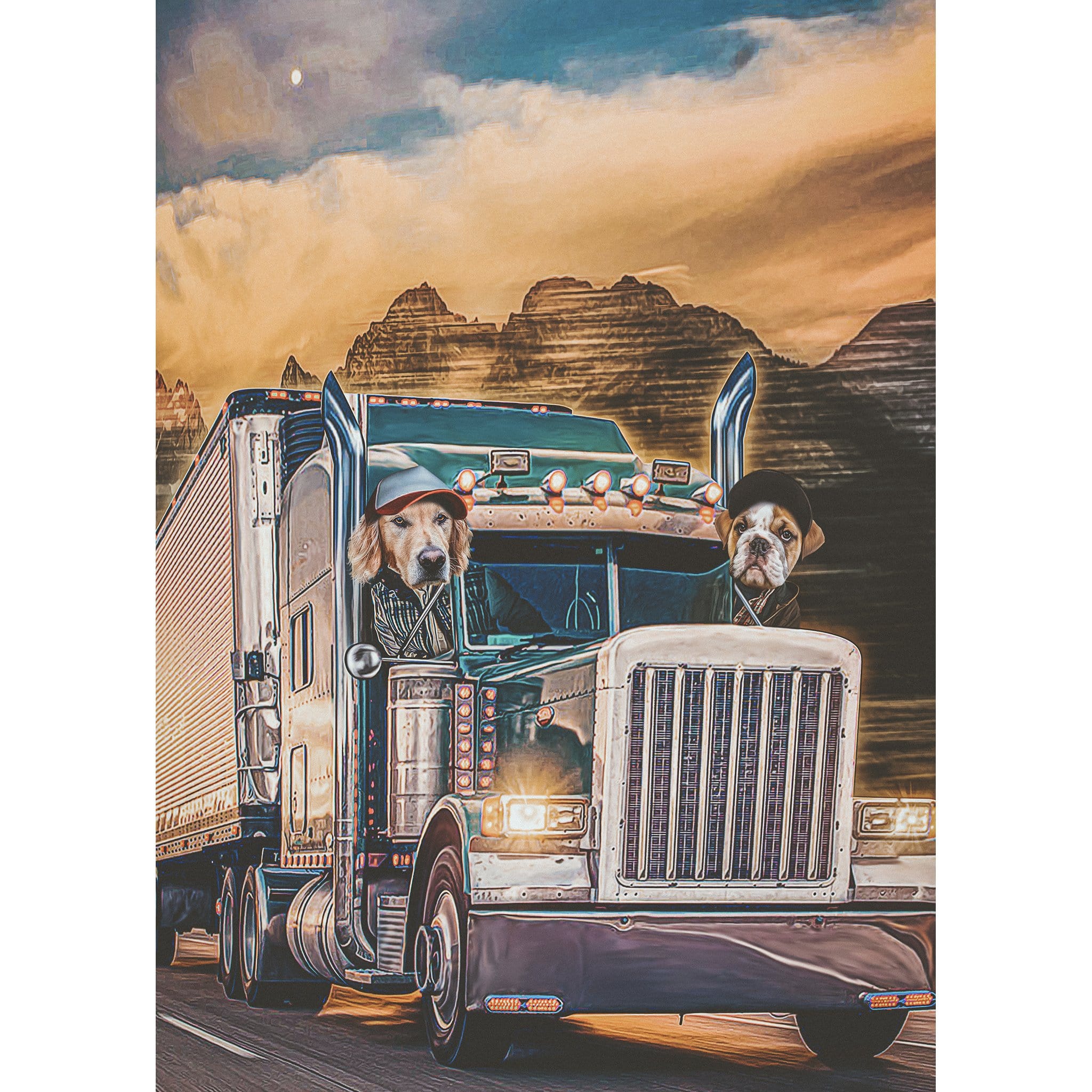 Custom digital portrait of two pets, a golden retriever and a bulldog, driving a semi-truck.