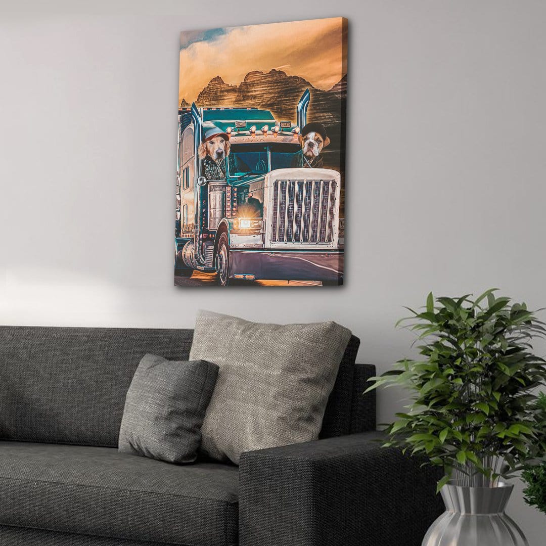 Personalized 'The Truckers' canvas featuring two dogs in a blue semi-truck, hanging above a gray sofa.