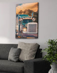 Personalized 'The Truckers' canvas featuring two dogs in a blue semi-truck, hanging above a gray sofa.