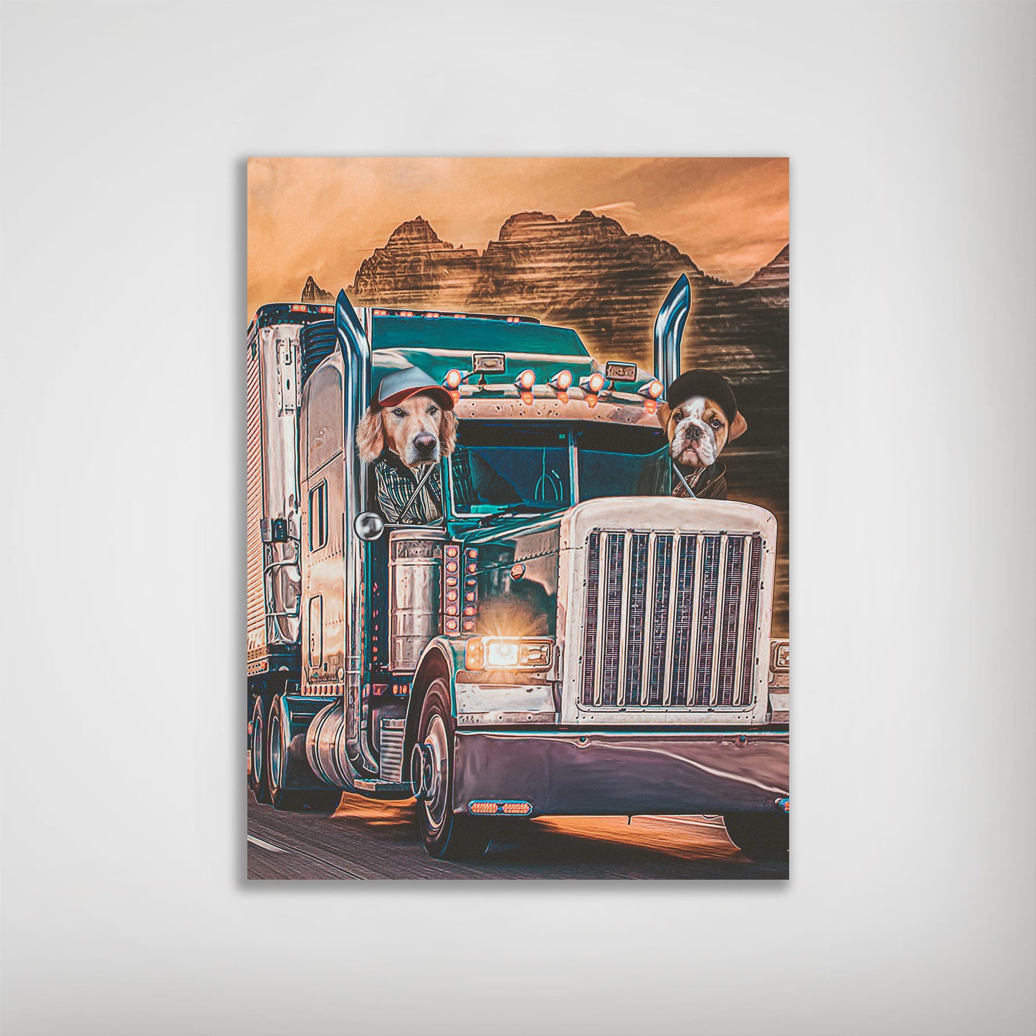 Personalized poster featuring two pets, a golden retriever and a bulldog, driving a teal semi-truck at sunset.