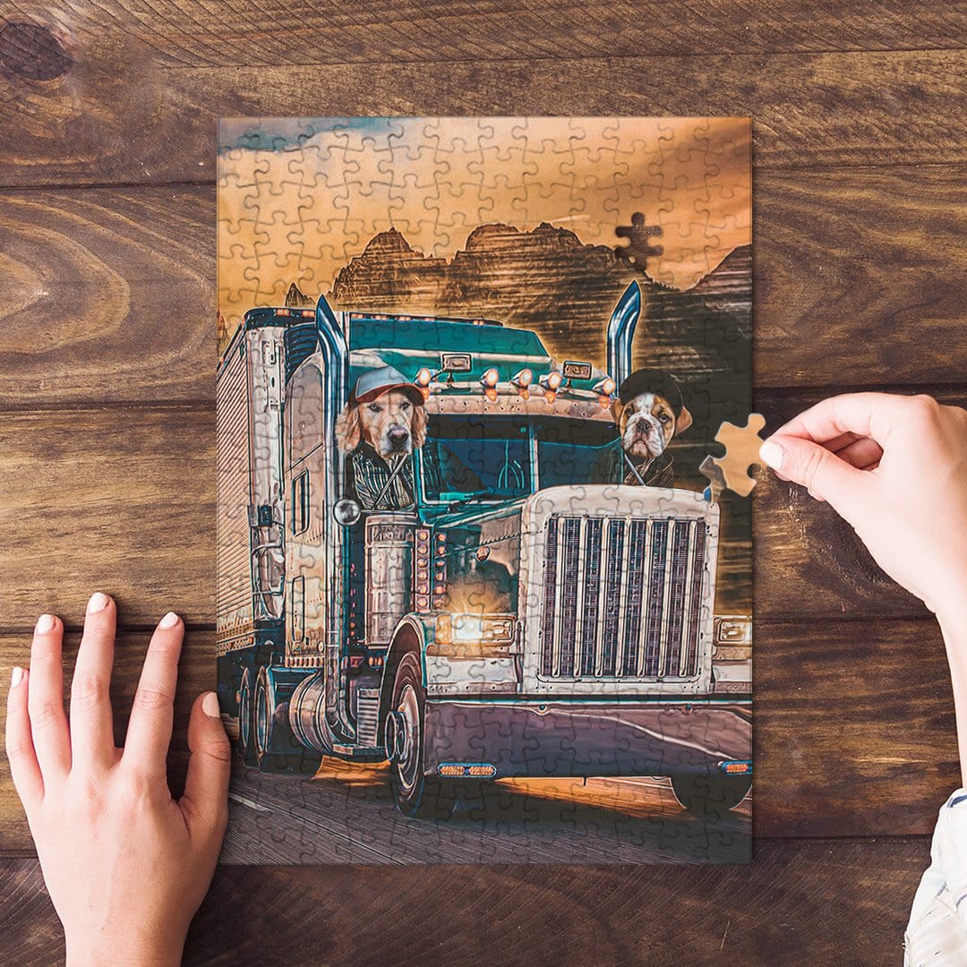Personalized 2-pet puzzle featuring dogs in a trucker cartoon style on a wooden surface.