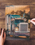 Personalized 2-pet puzzle featuring dogs in a trucker cartoon style on a wooden surface.